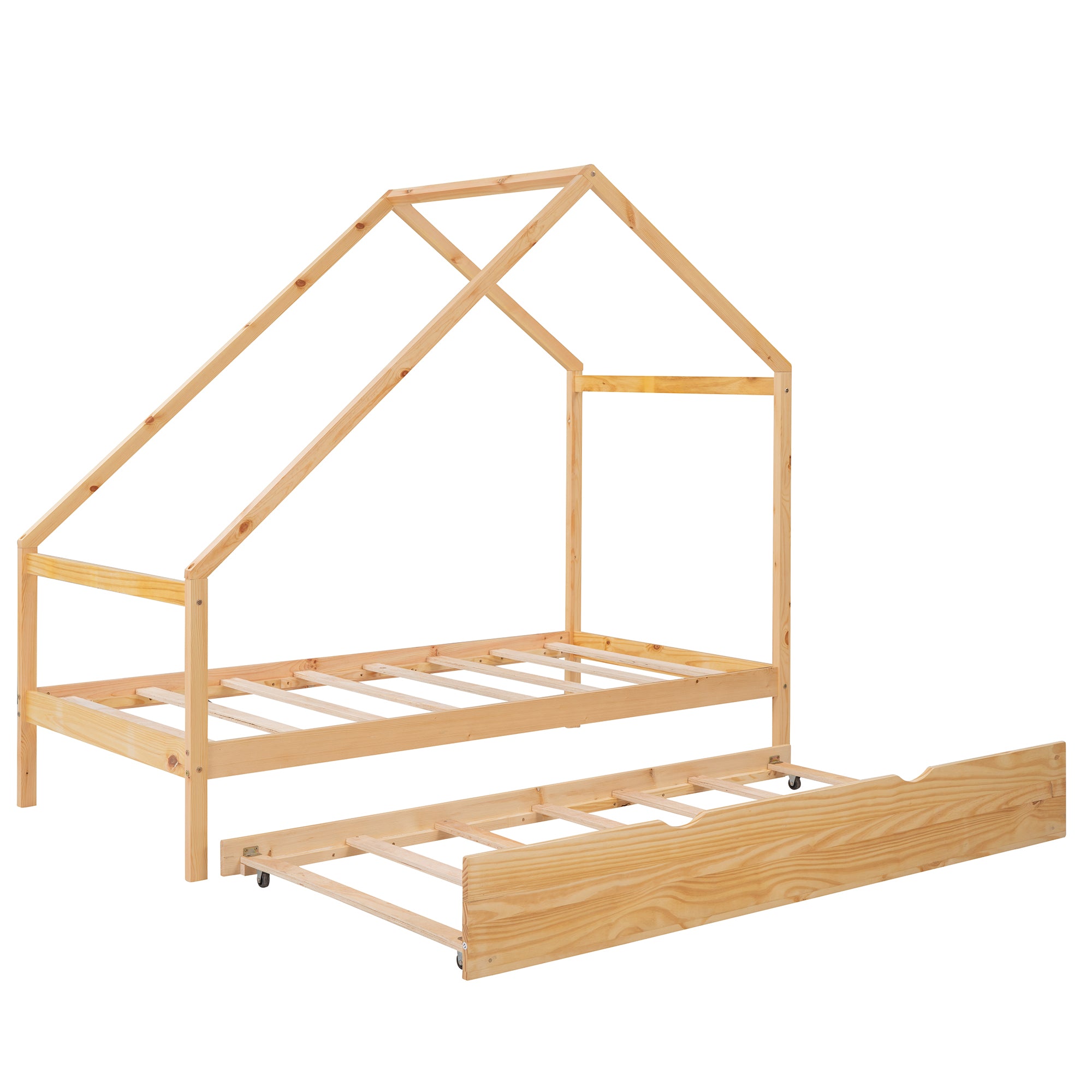 Twin Size Wooden House Bed With Twin Size Trundle, Natural