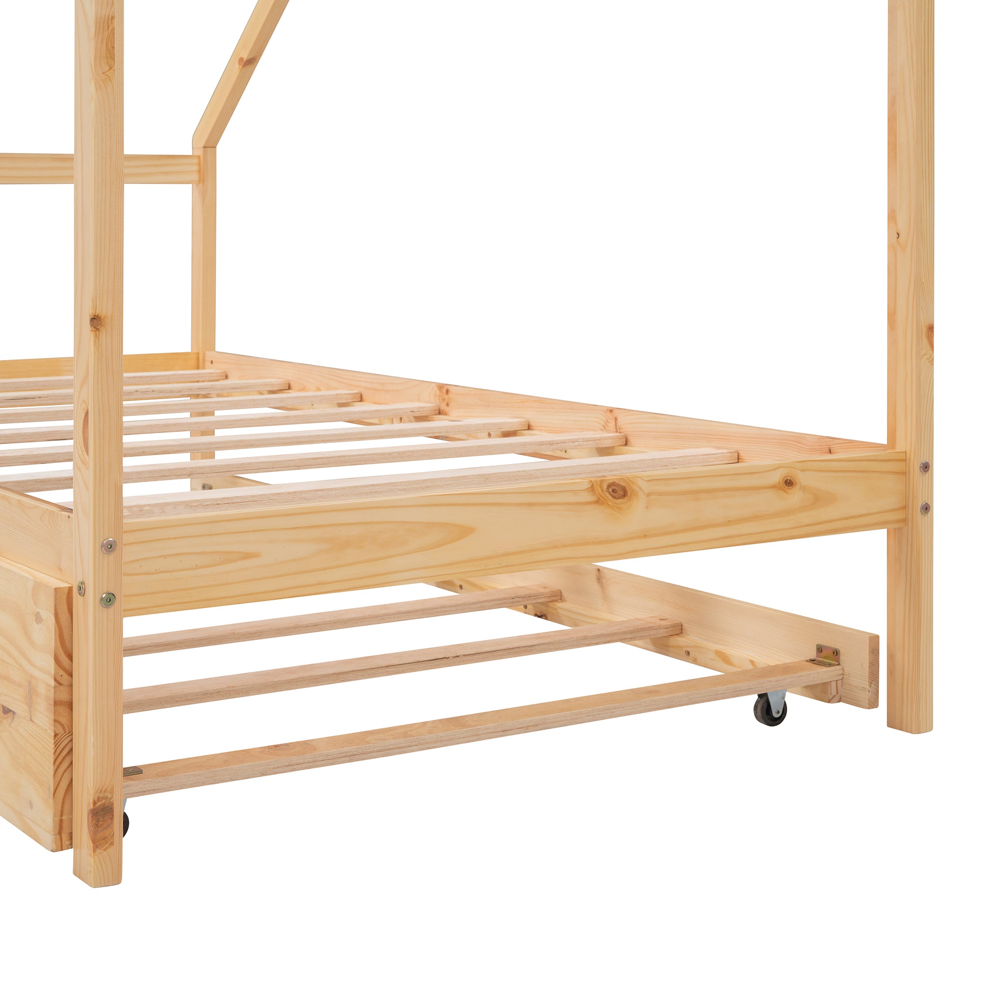 Twin Size Wooden House Bed With Twin Size Trundle, Natural