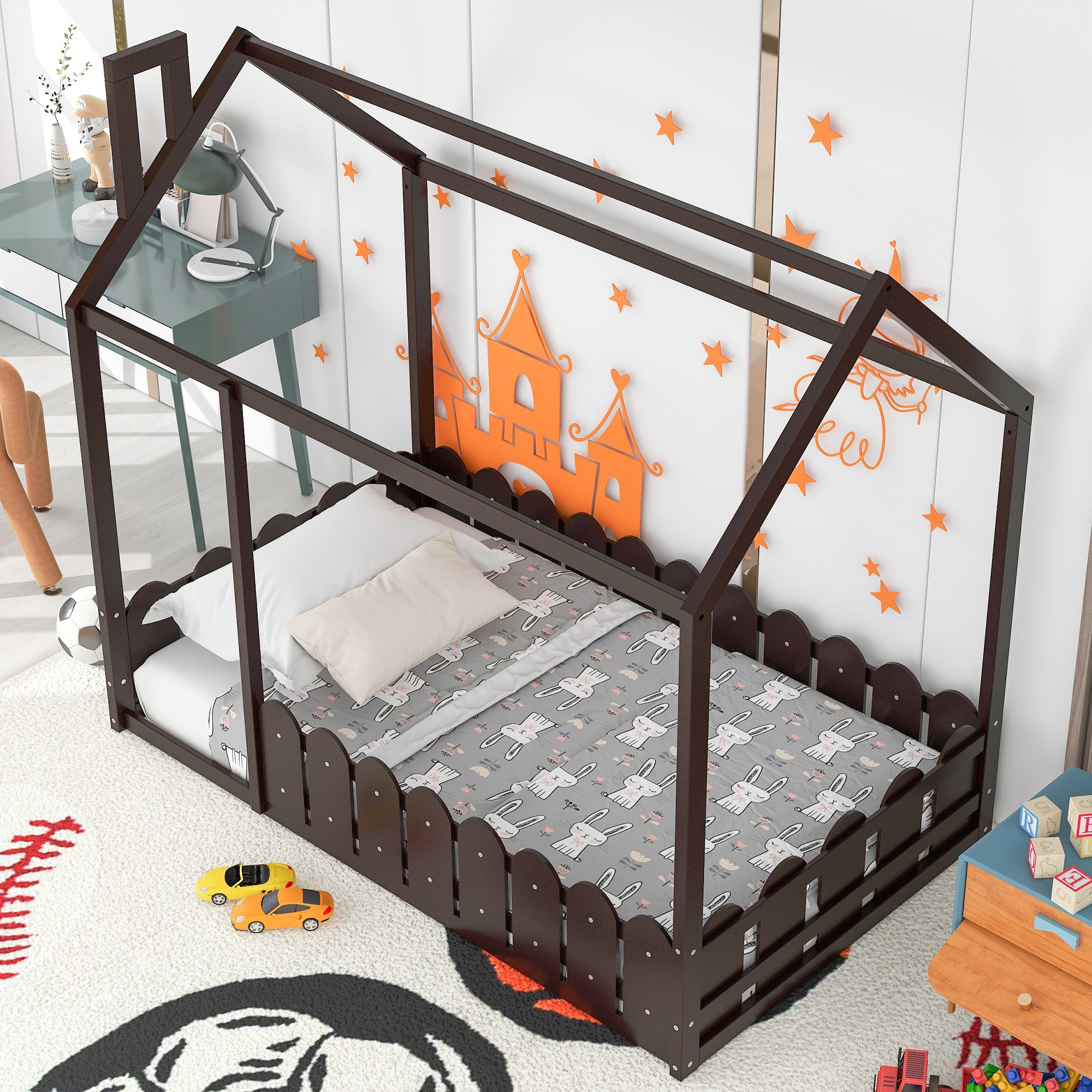 {Slats are not included}Twin Size Wood Bed House Bed Frame with Fence,for Kids,Teens, Girls,Boys {Espresso}