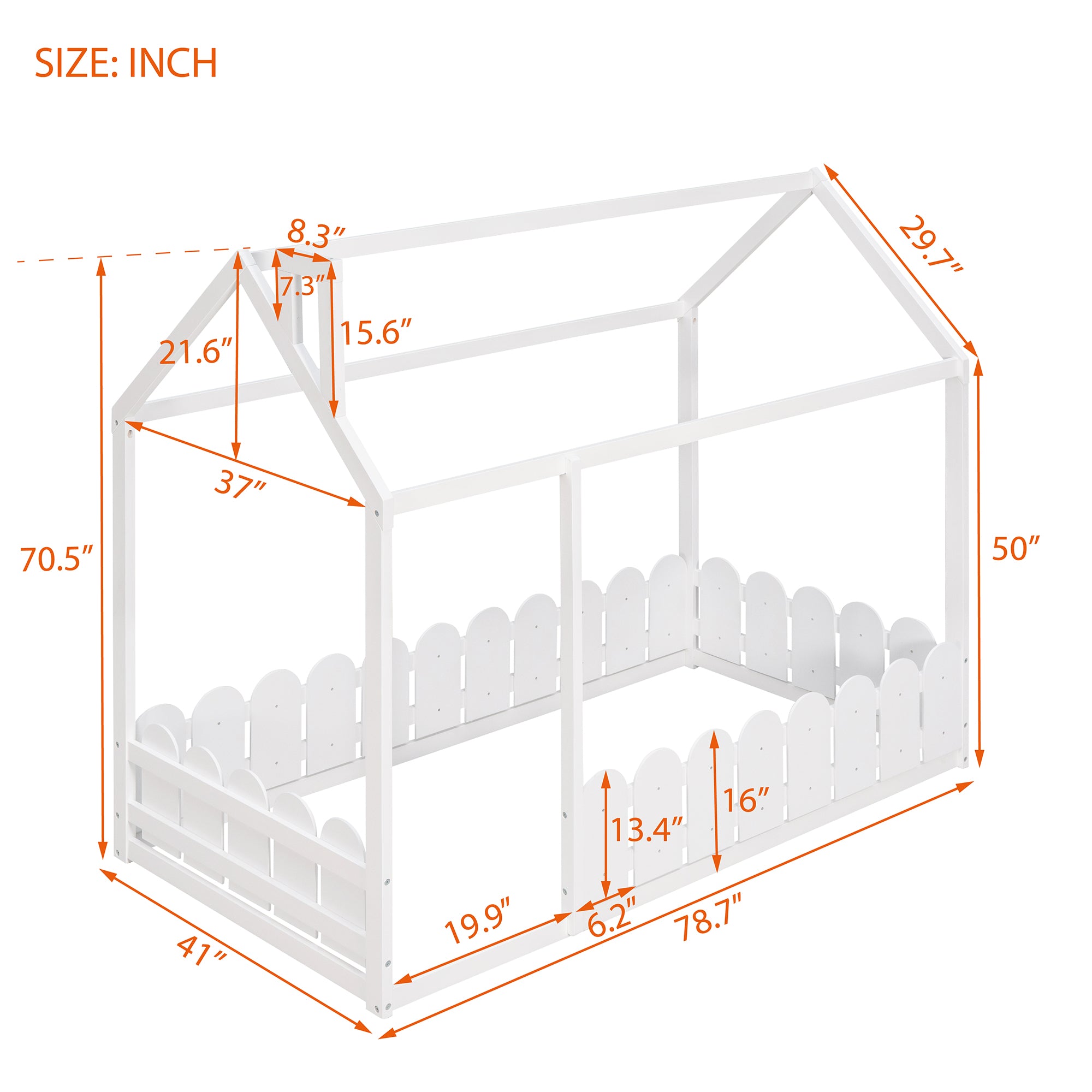 {Slats are not included}Twin Size Wood Bed House Bed Frame with Fence,for Kids,Teens, Girls,Boys {White}