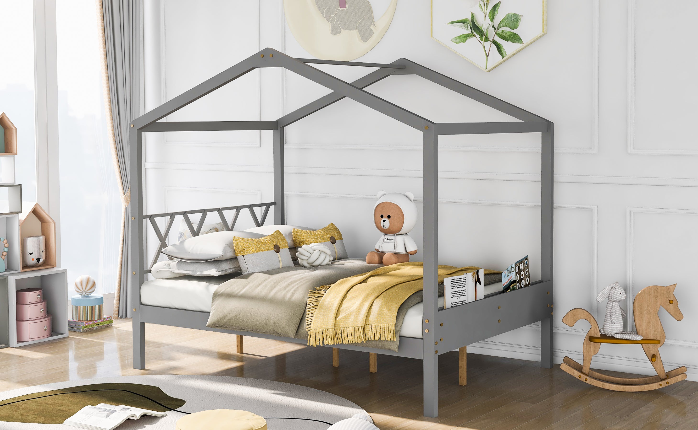 Full Size Wood House Bed with Storage Space, Gray