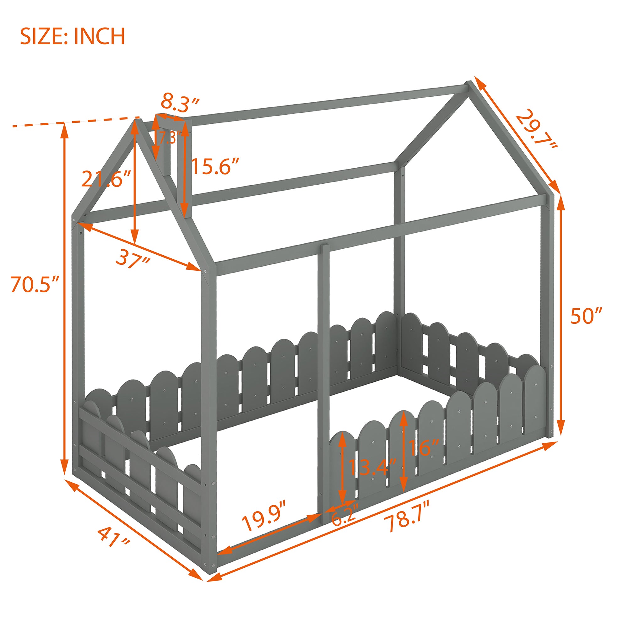 {Slats are not included}Twin Size Wood Bed House Bed Frame with Fence,for Kids,Teens, Girls,Boys {Gray}