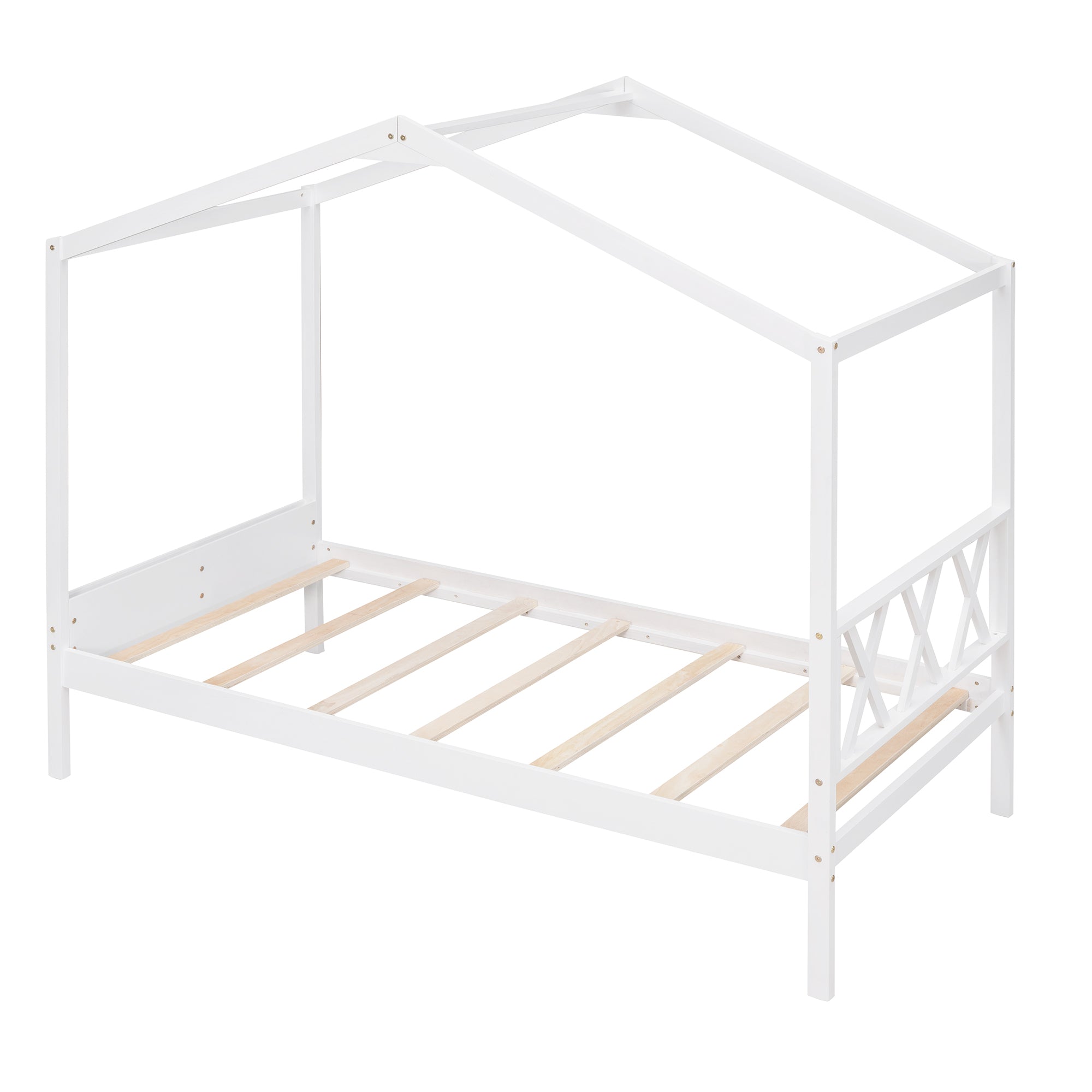 Twin Size Wood House Bed with Storage Space, White