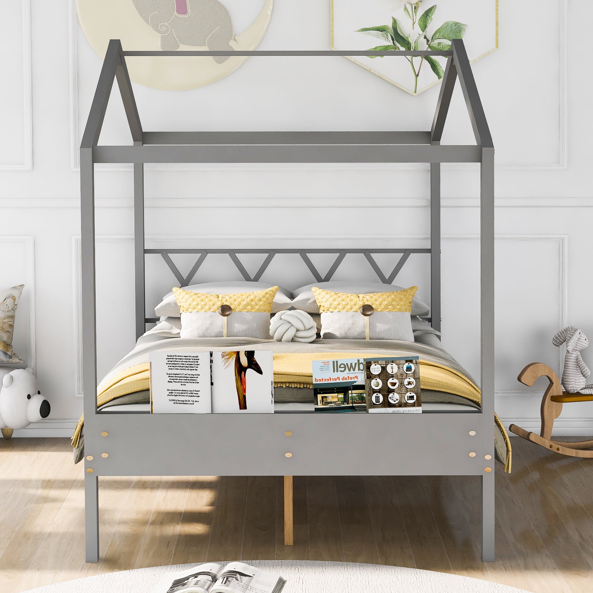 Full Size Wood House Bed with Storage Space, Gray