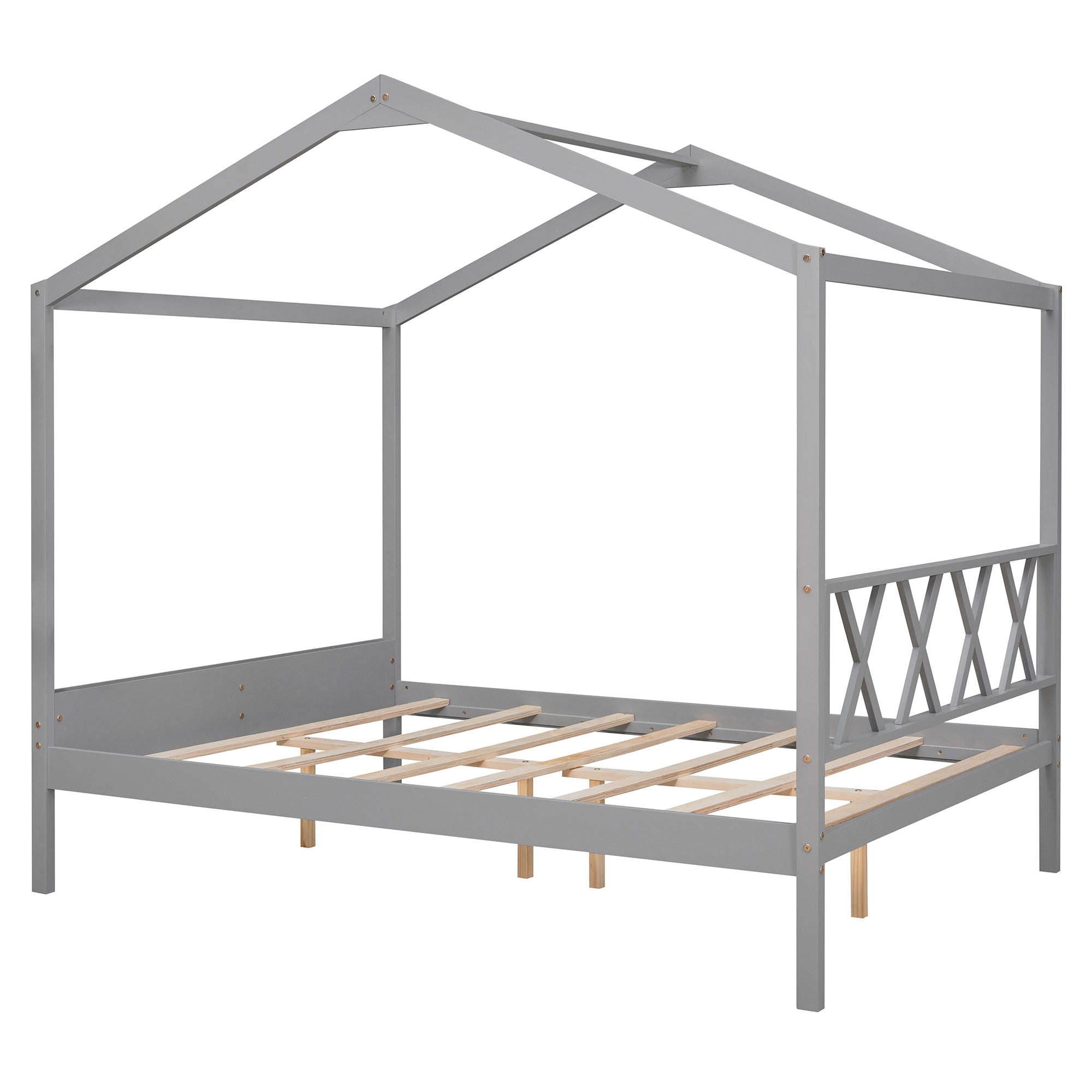 Full Size Wood House Bed with Storage Space, Gray