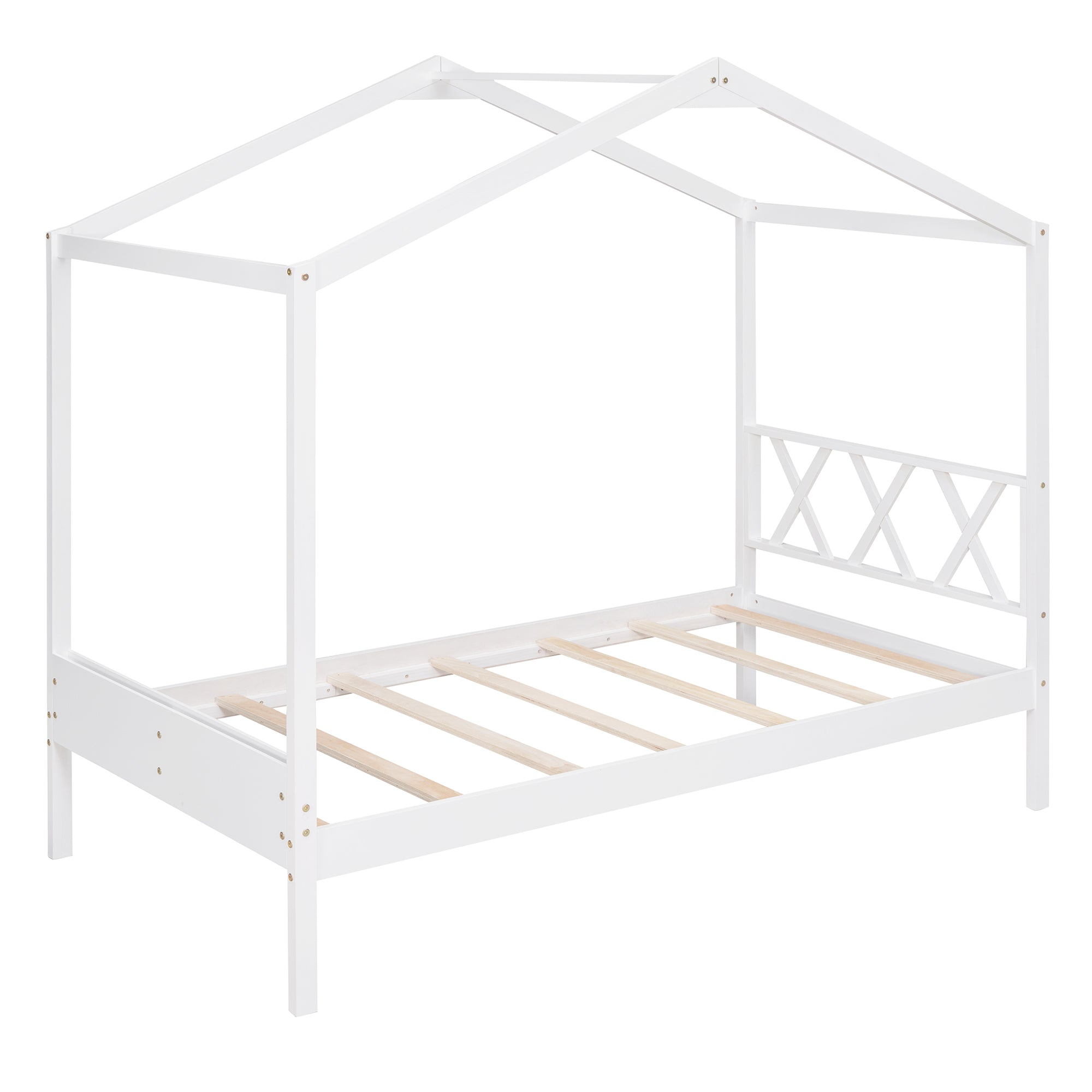 Twin Size Wood House Bed with Storage Space, White