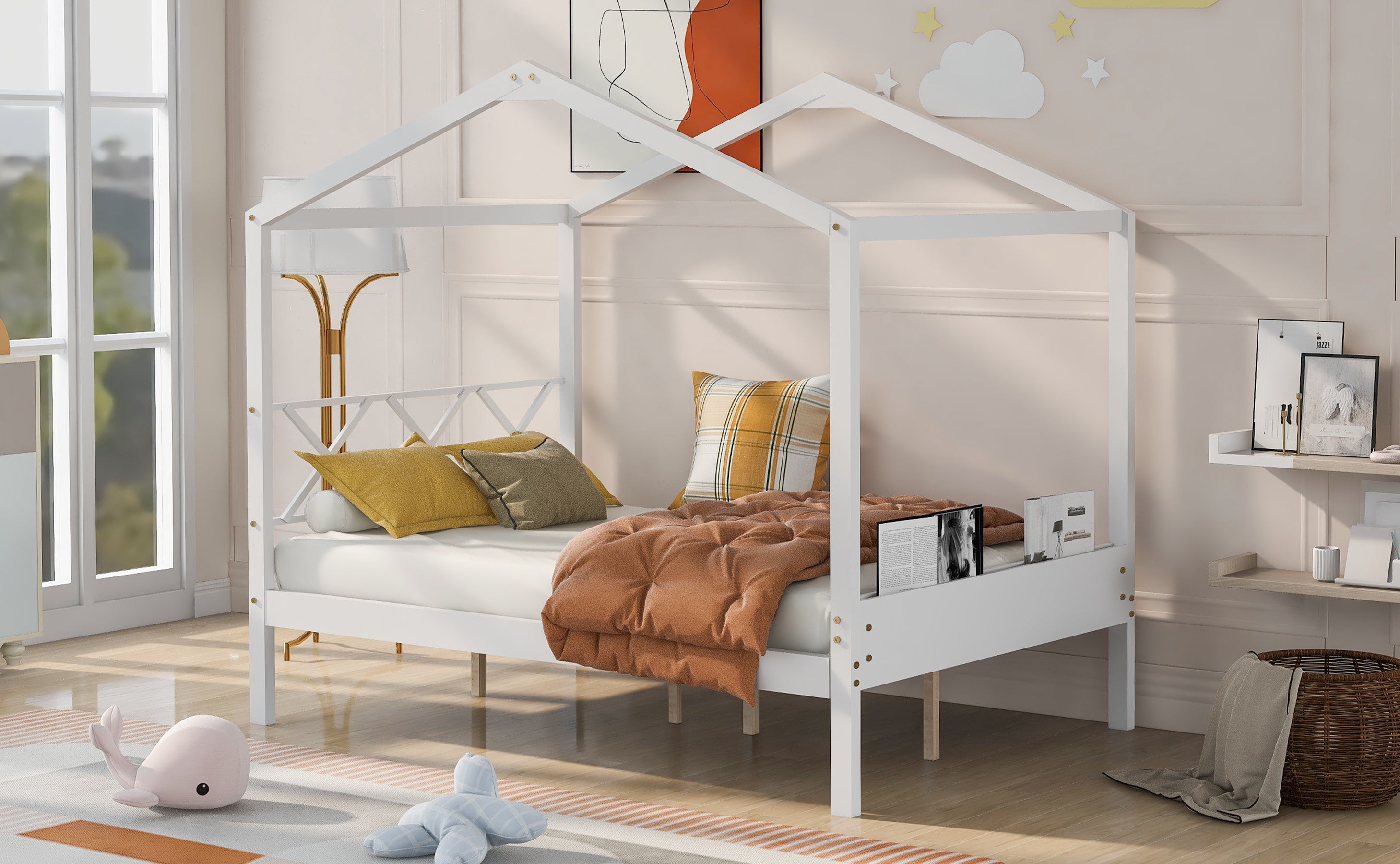 Full Size Wood House Bed with Storage Space, White