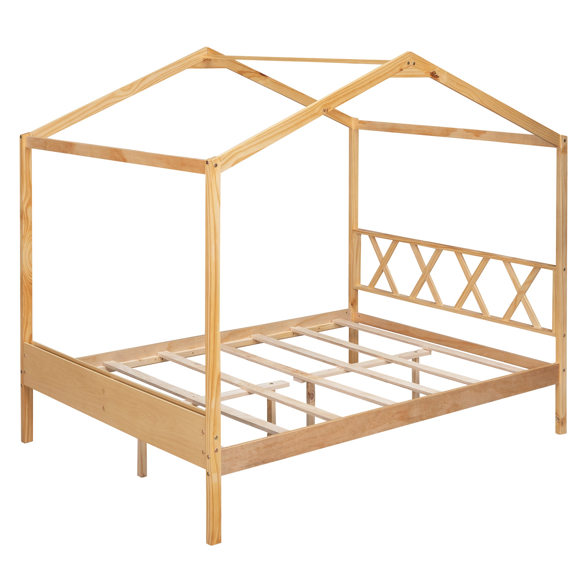 Full Size Wood House Bed with Storage Space, Natural