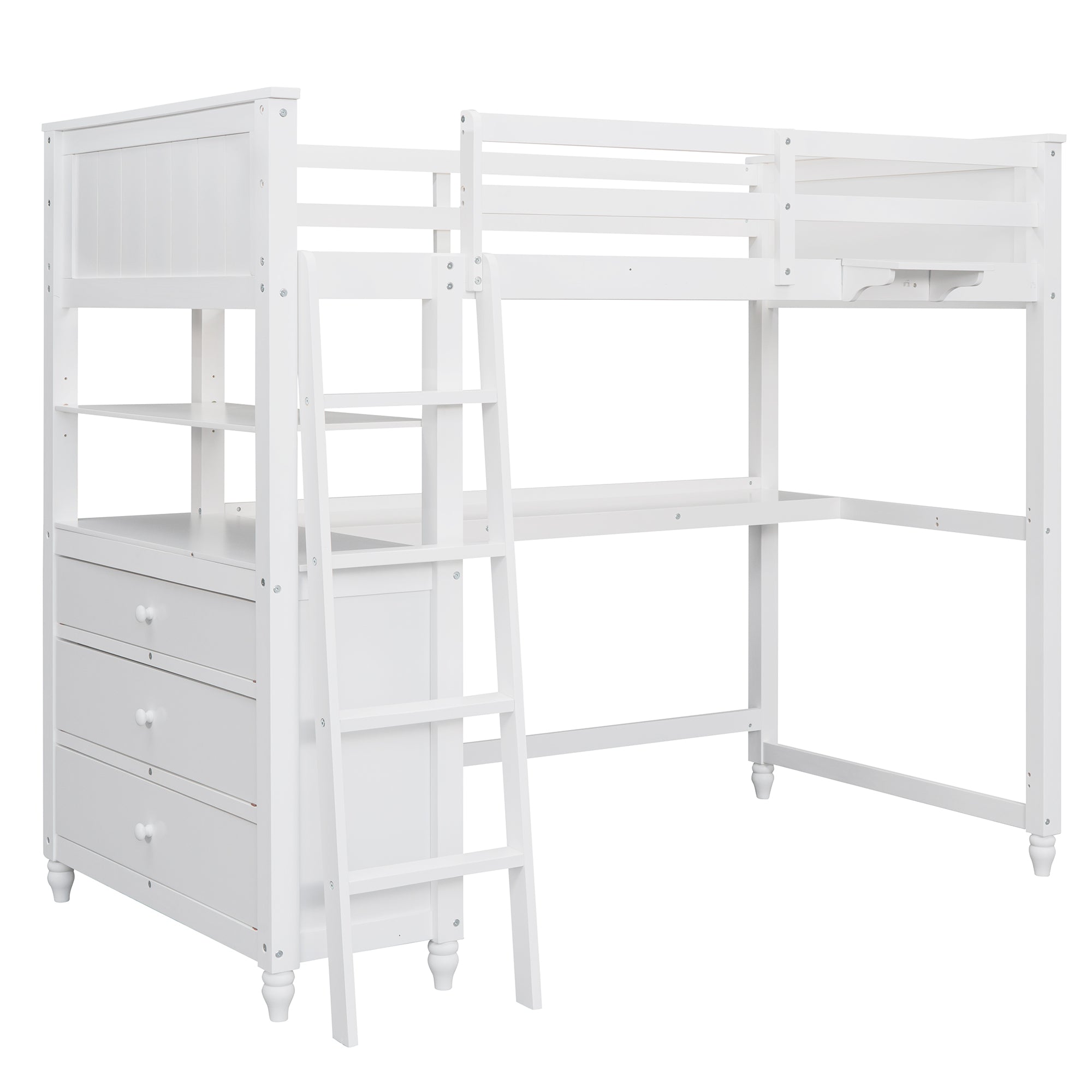 Twin size Loft Bed with Drawers and Desk, Wooden Loft Bed with Shelves - White