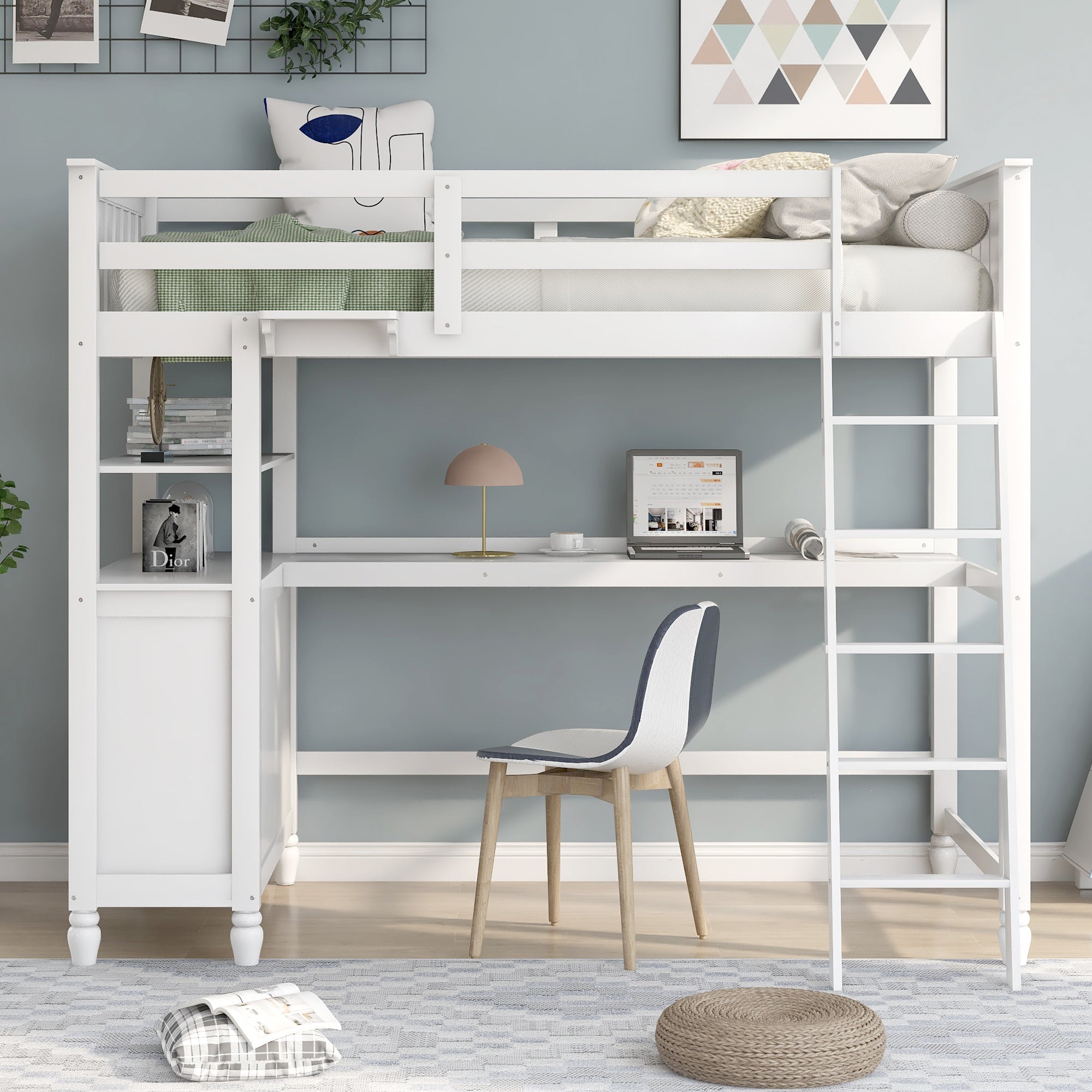 Twin size Loft Bed with Drawers and Desk, Wooden Loft Bed with Shelves - White