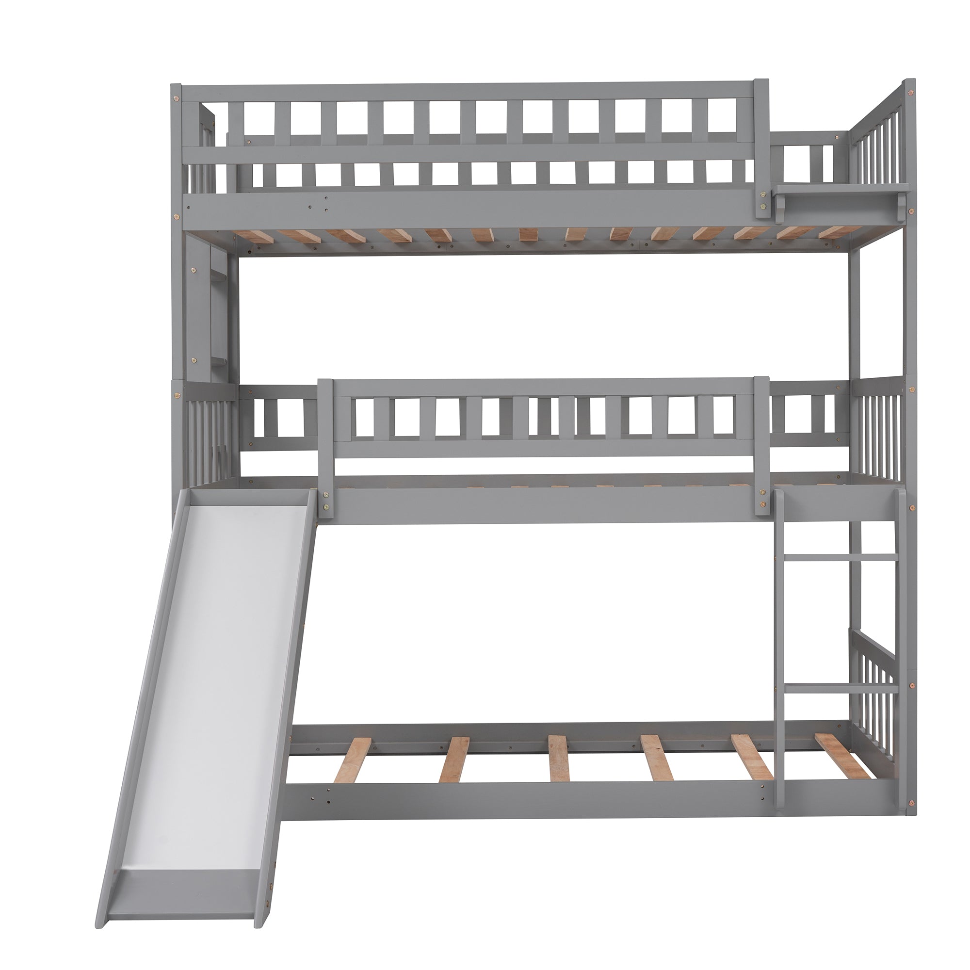 Twin-Over-Twin-Over-Twin Triple Bed with Built-in Ladder and Slide, Triple Bunk Bed with Guardrails, Gray(