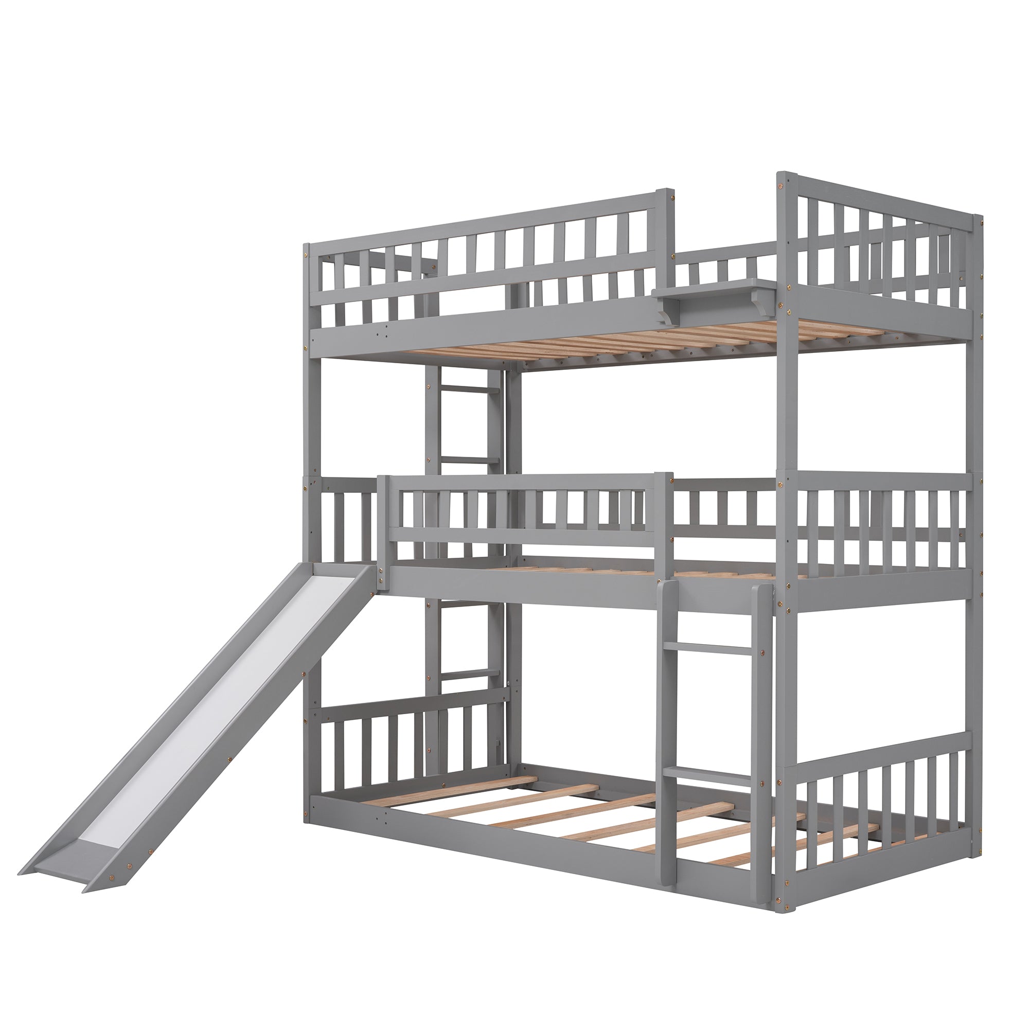 Twin-Over-Twin-Over-Twin Triple Bed with Built-in Ladder and Slide, Triple Bunk Bed with Guardrails, Gray(