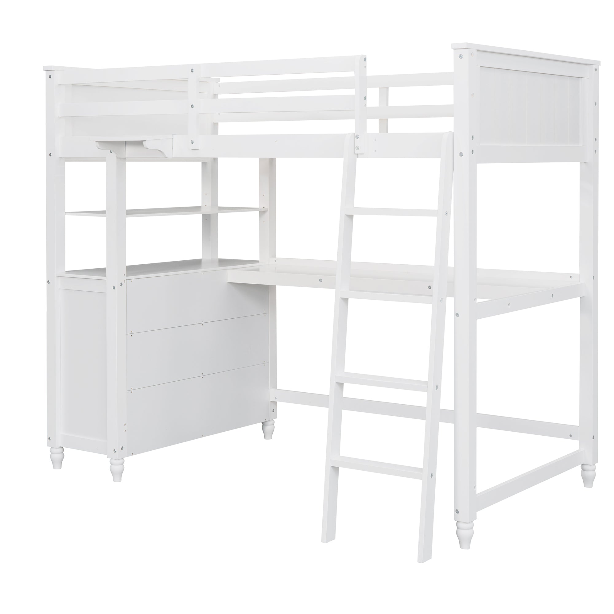 Twin size Loft Bed with Drawers and Desk, Wooden Loft Bed with Shelves - White