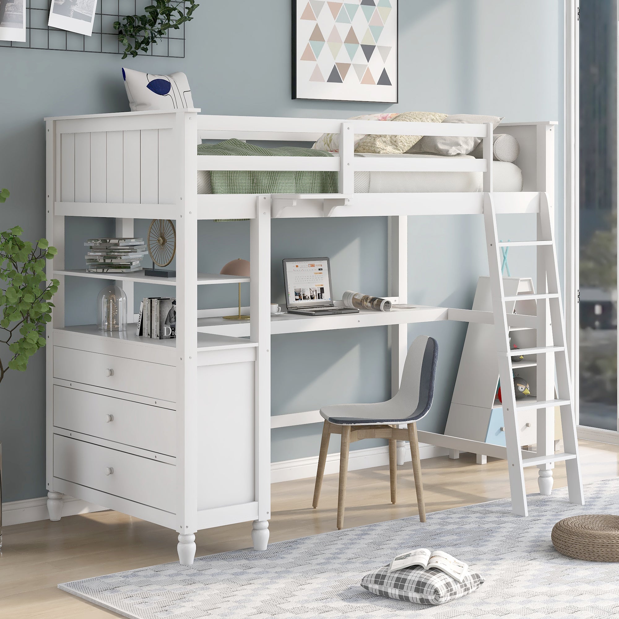 Twin size Loft Bed with Drawers and Desk, Wooden Loft Bed with Shelves - White