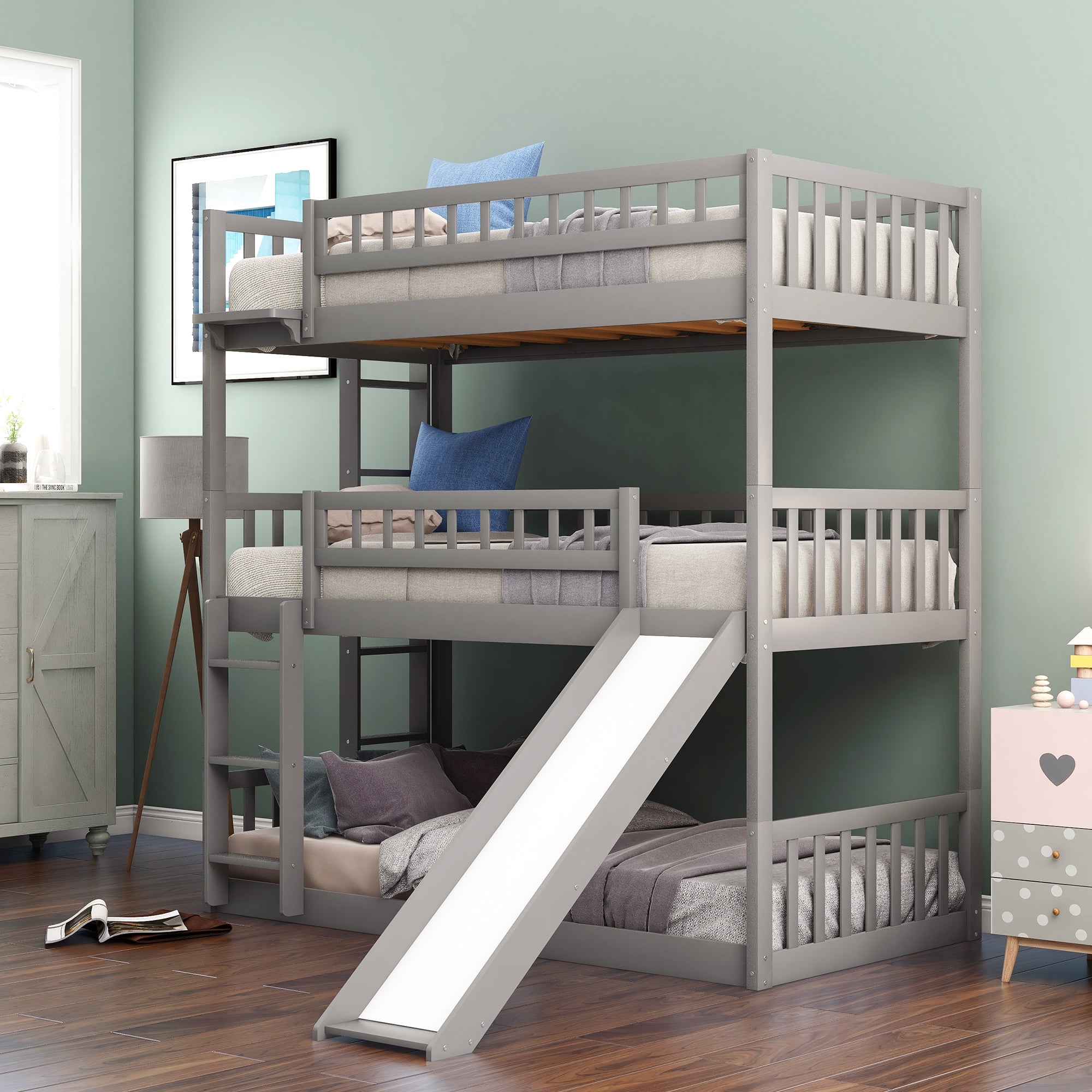 Twin-Over-Twin-Over-Twin Triple Bed with Built-in Ladder and Slide, Triple Bunk Bed with Guardrails, Gray(