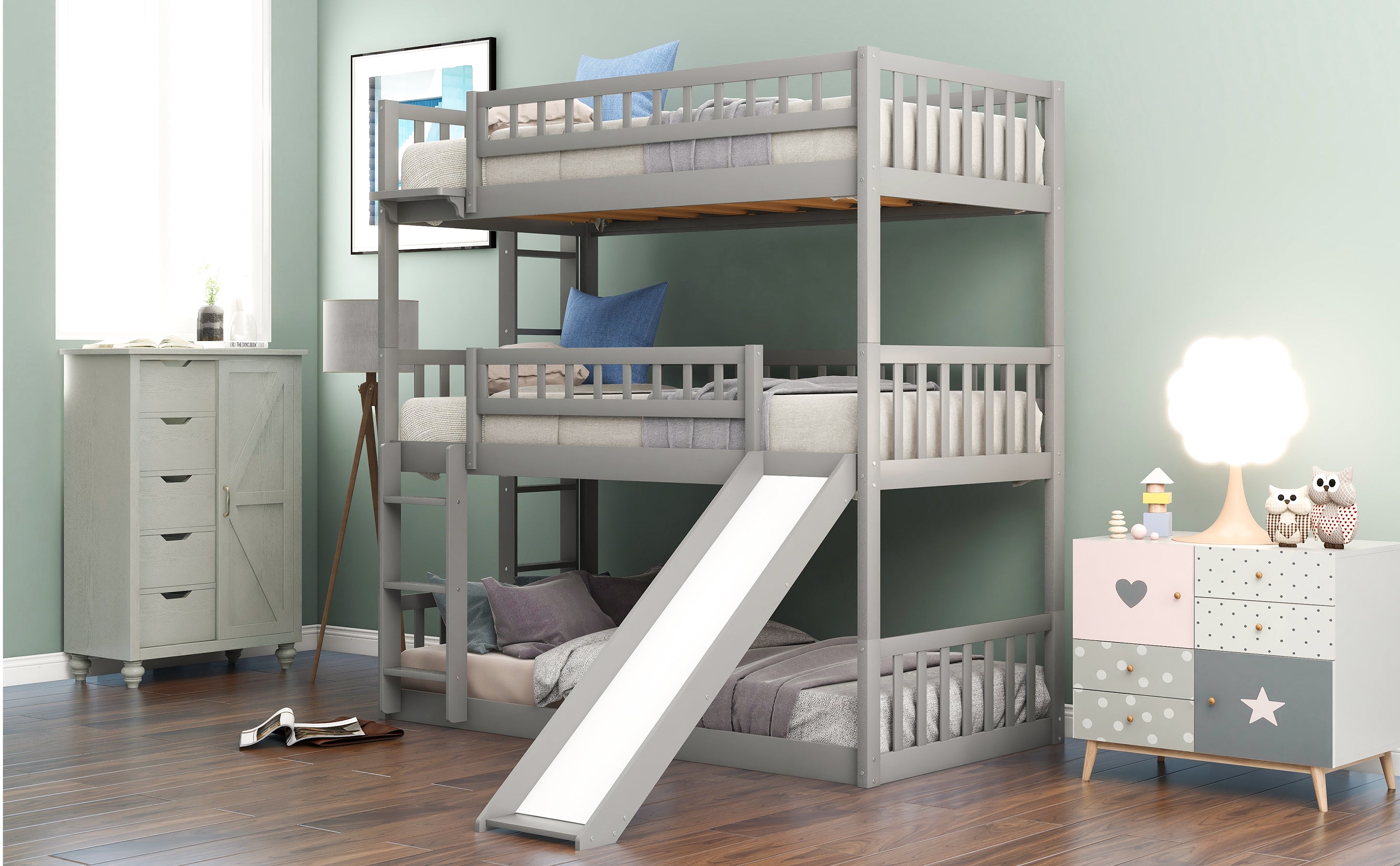 Twin-Over-Twin-Over-Twin Triple Bed with Built-in Ladder and Slide, Triple Bunk Bed with Guardrails, Gray(