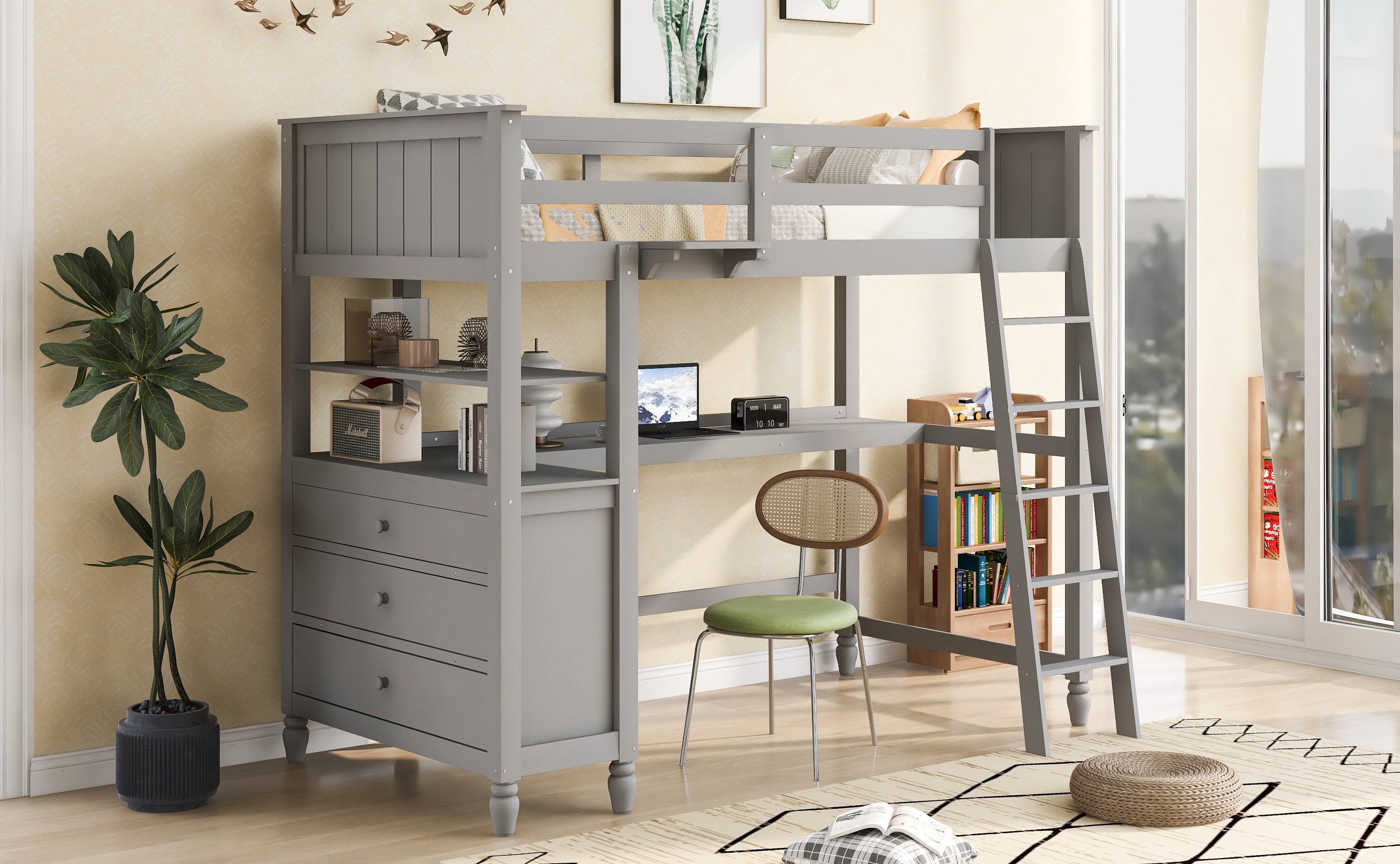 Twin size Loft Bed with Drawers and Desk, Wooden Loft Bed with Shelves - Gray