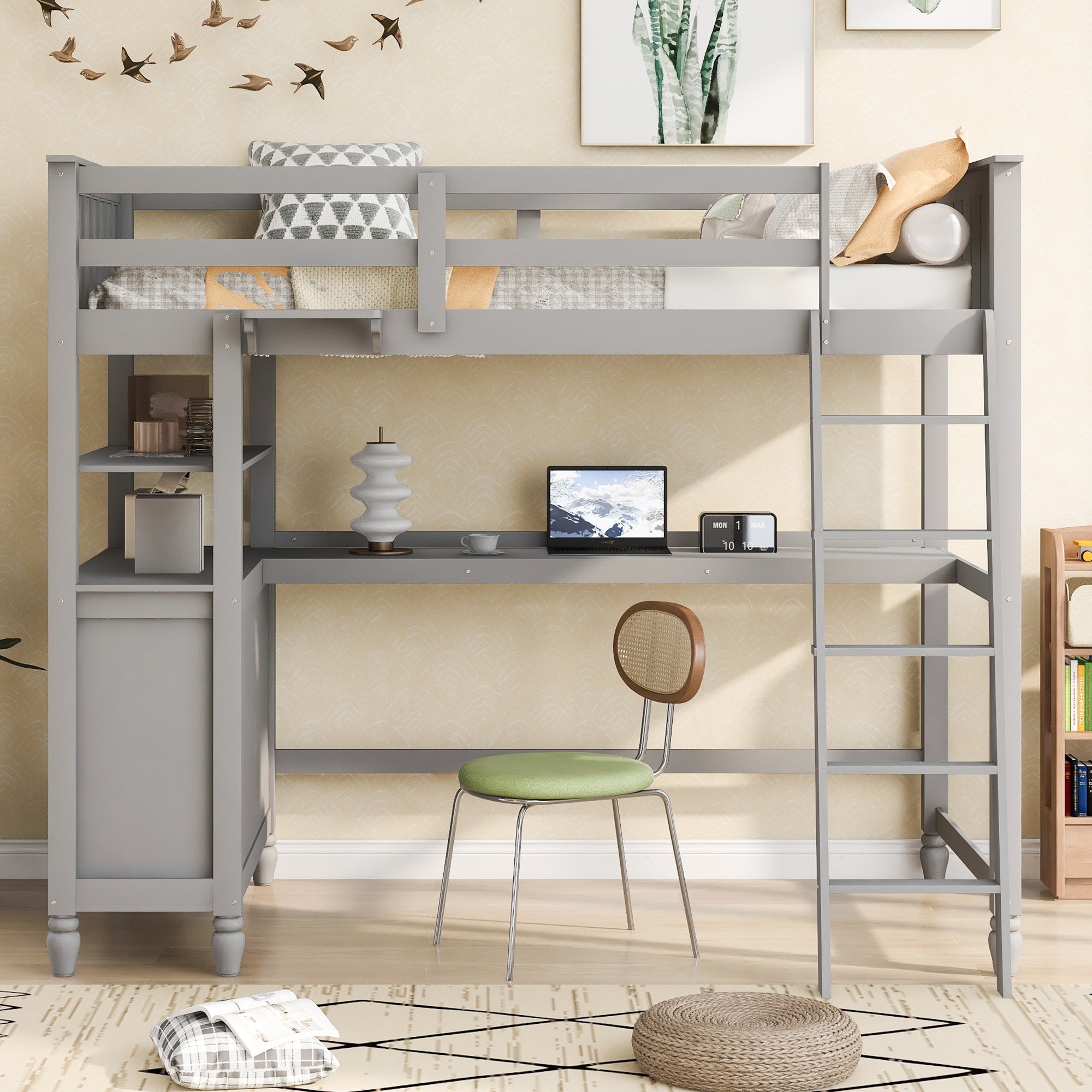 Twin size Loft Bed with Drawers and Desk, Wooden Loft Bed with Shelves - Gray