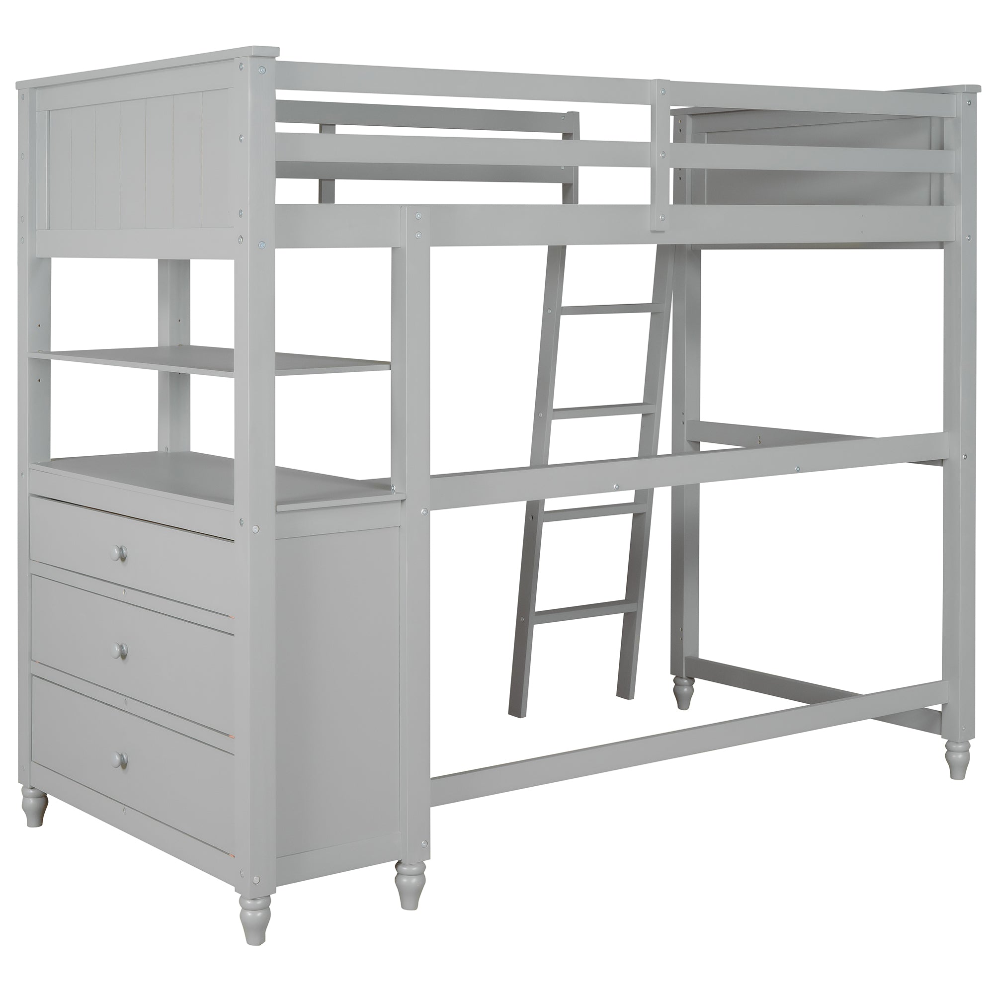 Twin size Loft Bed with Drawers and Desk, Wooden Loft Bed with Shelves - Gray