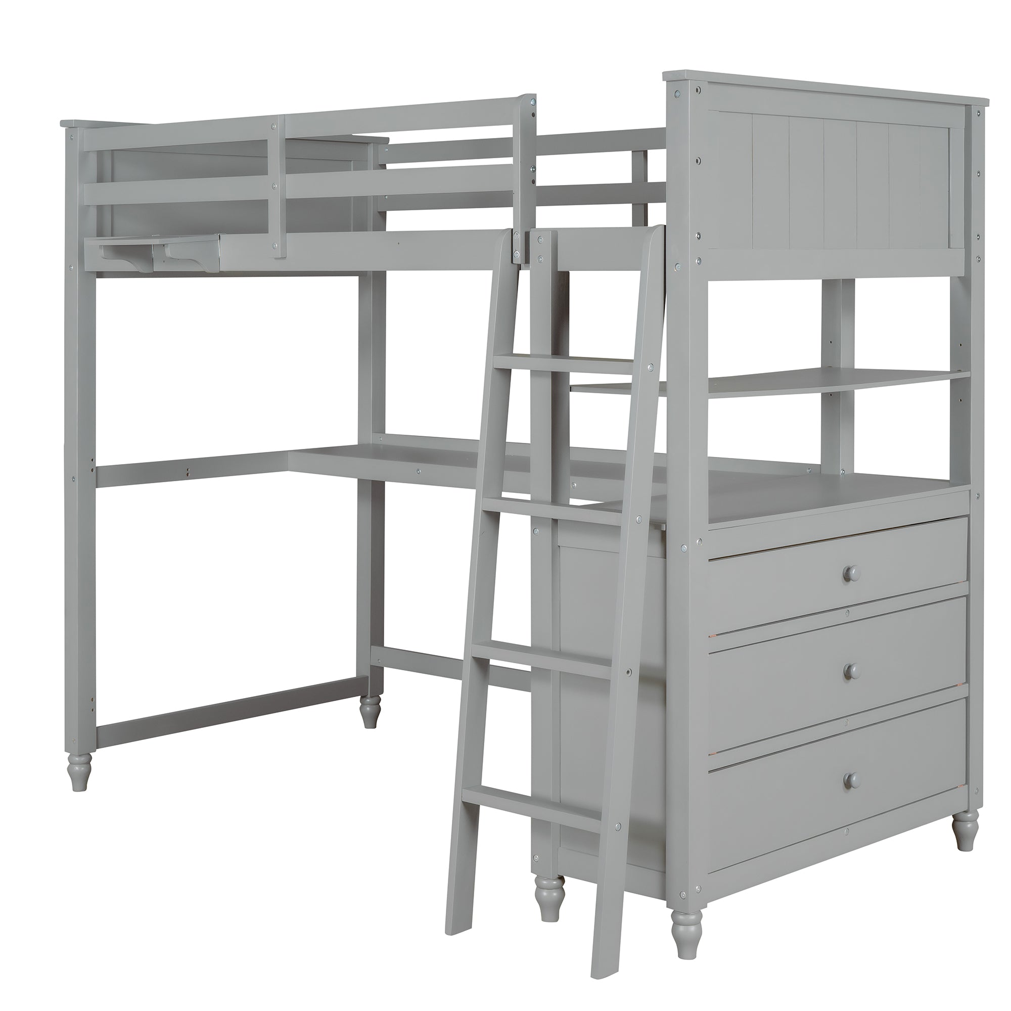 Twin size Loft Bed with Drawers and Desk, Wooden Loft Bed with Shelves - Gray