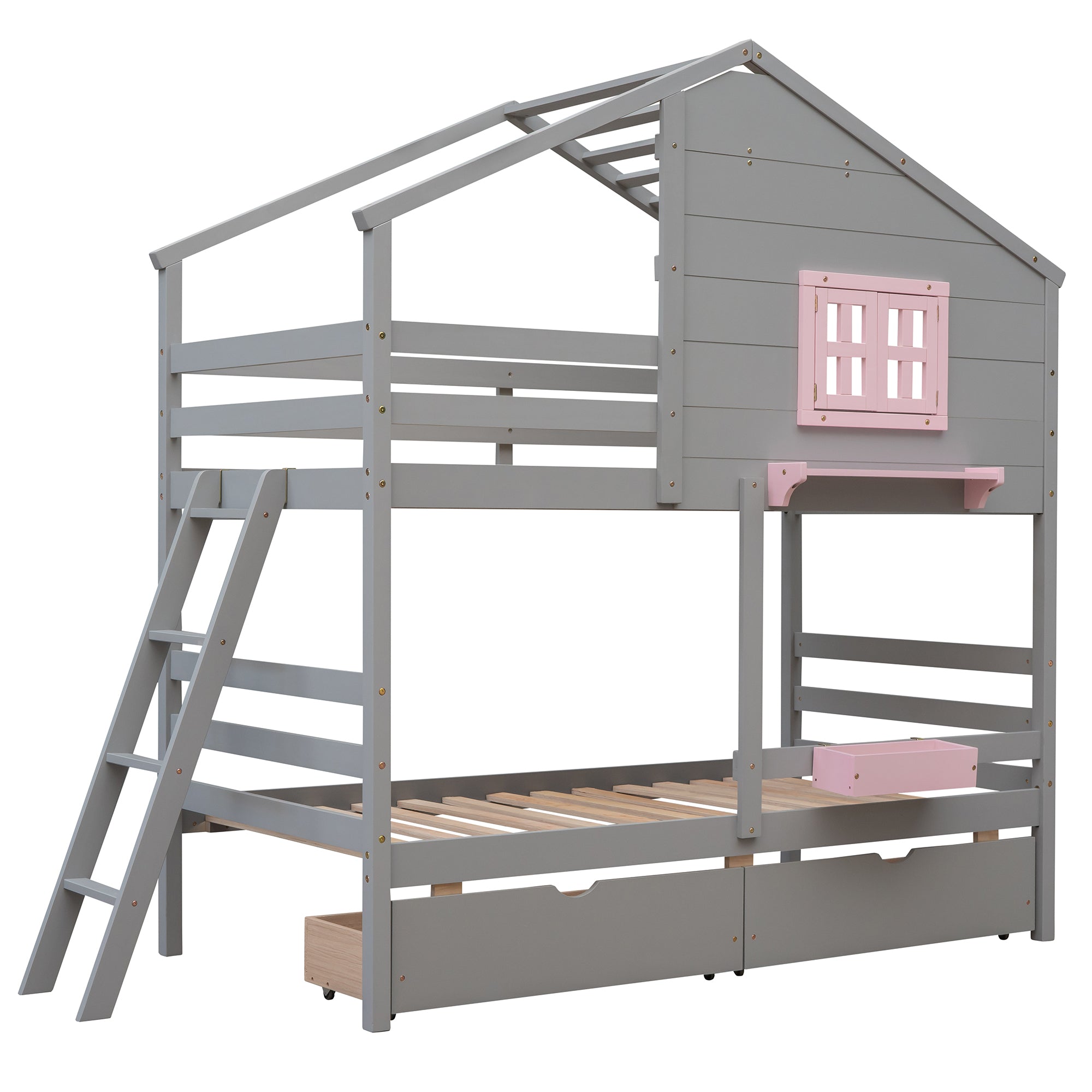 Twin over Twin Bunk Bed with 2 Drawers, 1 Storage Box, 1 Shelf, Window and Roof-Gray