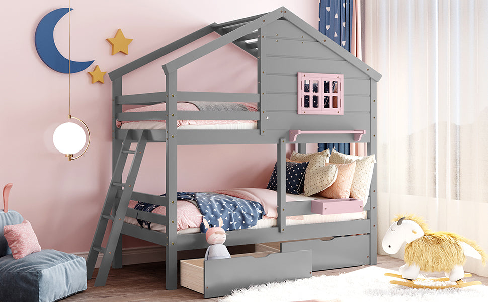 Twin over Twin Bunk Bed with 2 Drawers, 1 Storage Box, 1 Shelf, Window and Roof-Gray