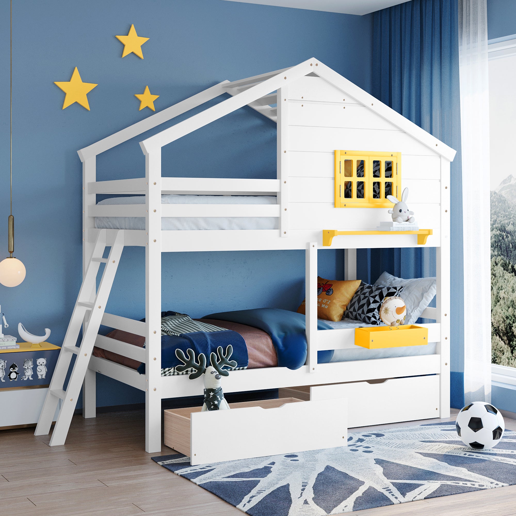 Twin over Twin Bunk Bed with 2 Drawers, 1 Storage Box, 1 Shelf, Window and Roof-White