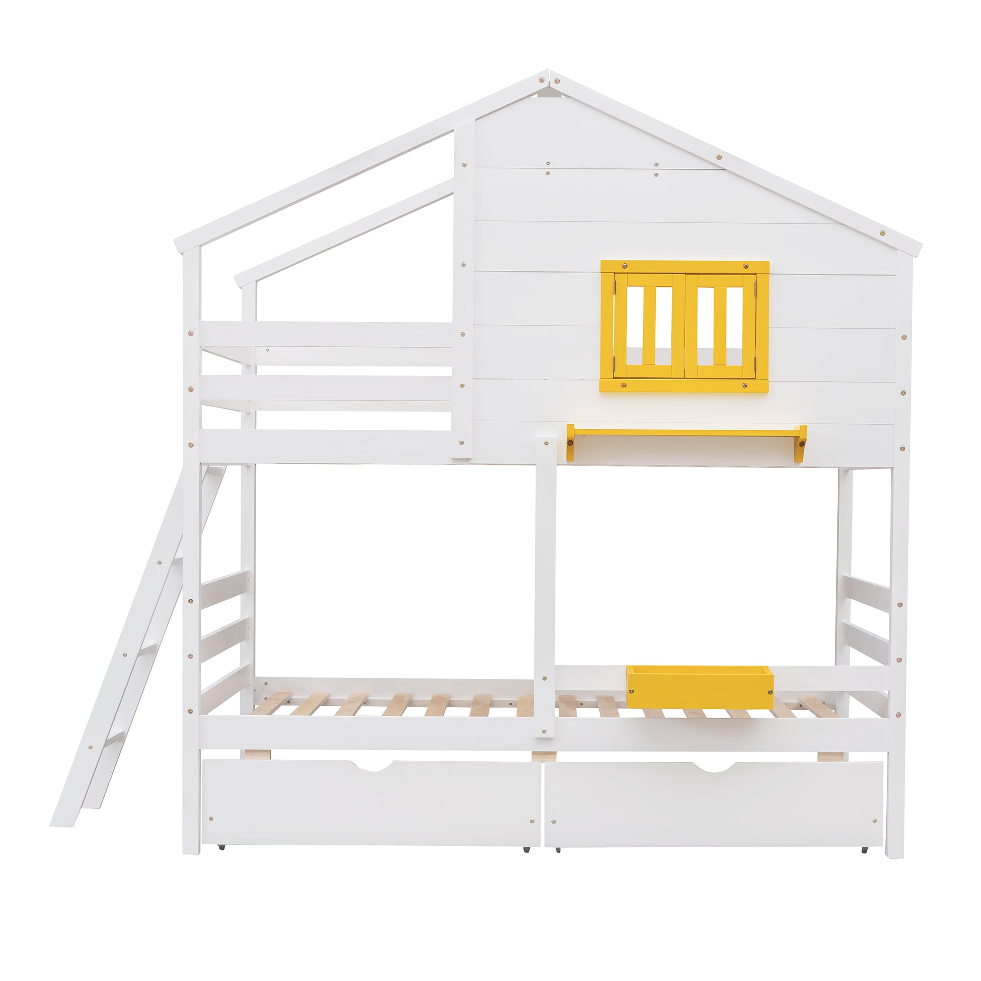 Twin over Twin Bunk Bed with 2 Drawers, 1 Storage Box, 1 Shelf, Window and Roof-White