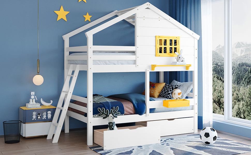 Twin over Twin Bunk Bed with 2 Drawers, 1 Storage Box, 1 Shelf, Window and Roof-White