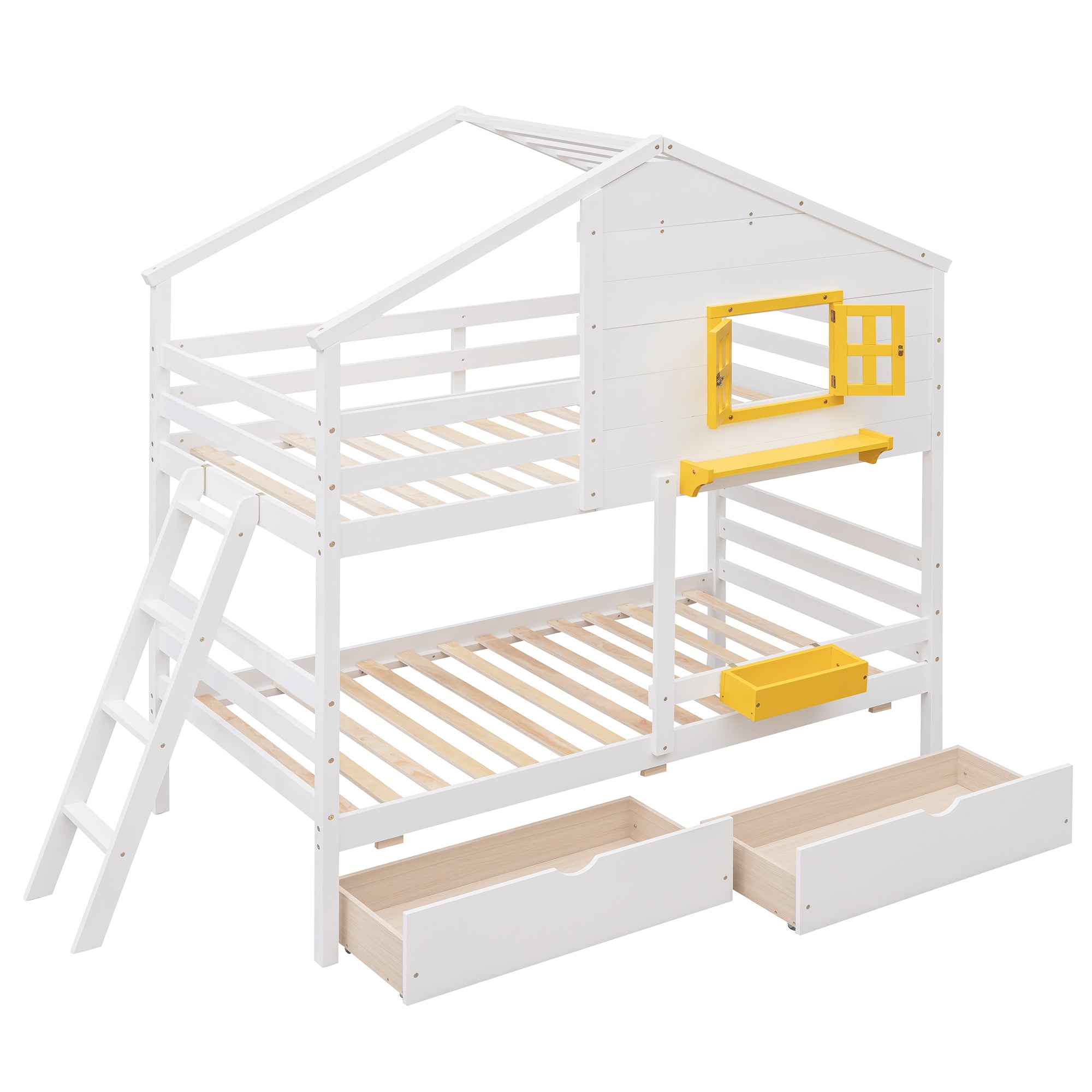 Twin over Twin Bunk Bed with 2 Drawers, 1 Storage Box, 1 Shelf, Window and Roof-White