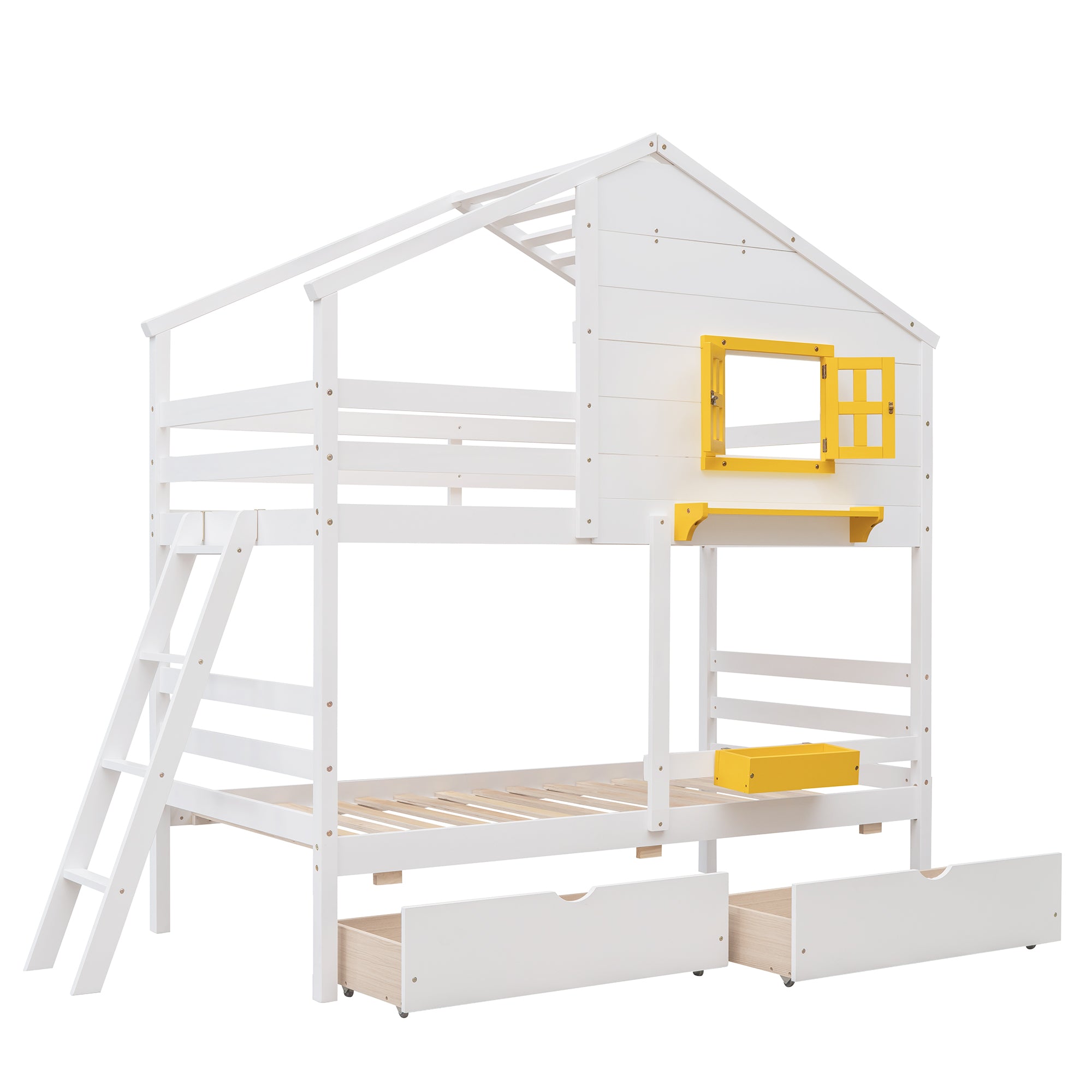 Twin over Twin Bunk Bed with 2 Drawers, 1 Storage Box, 1 Shelf, Window and Roof-White