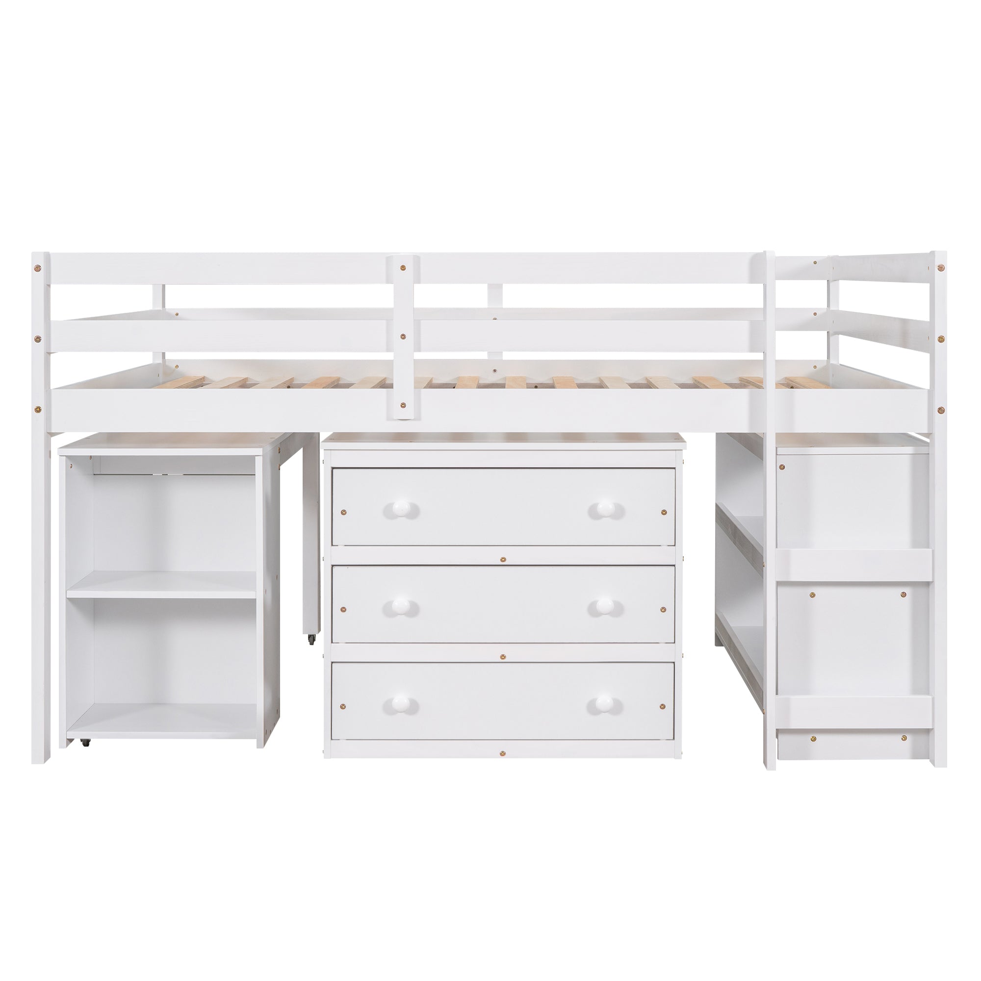 Low Study Full Loft Bed with Cabinet ,Shelves and Rolling Portable Desk ,Multiple Functions Bed- White