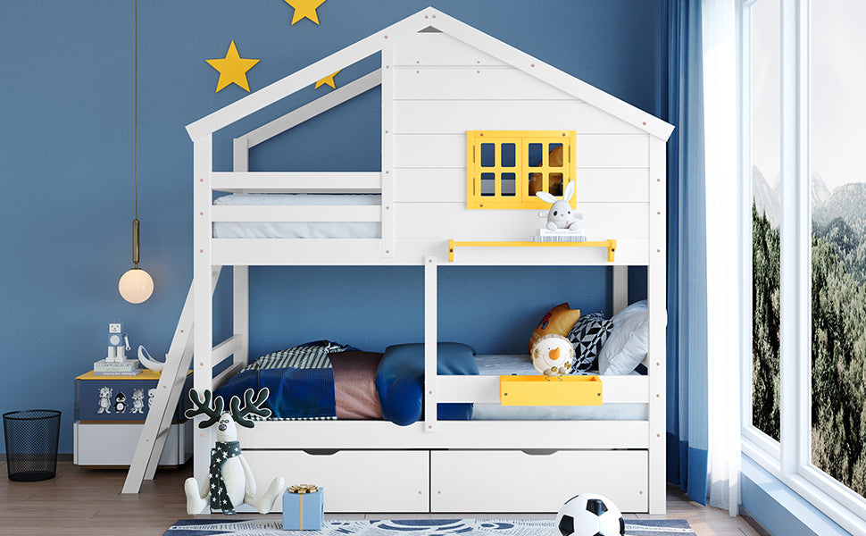 Twin over Twin Bunk Bed with 2 Drawers, 1 Storage Box, 1 Shelf, Window and Roof-White