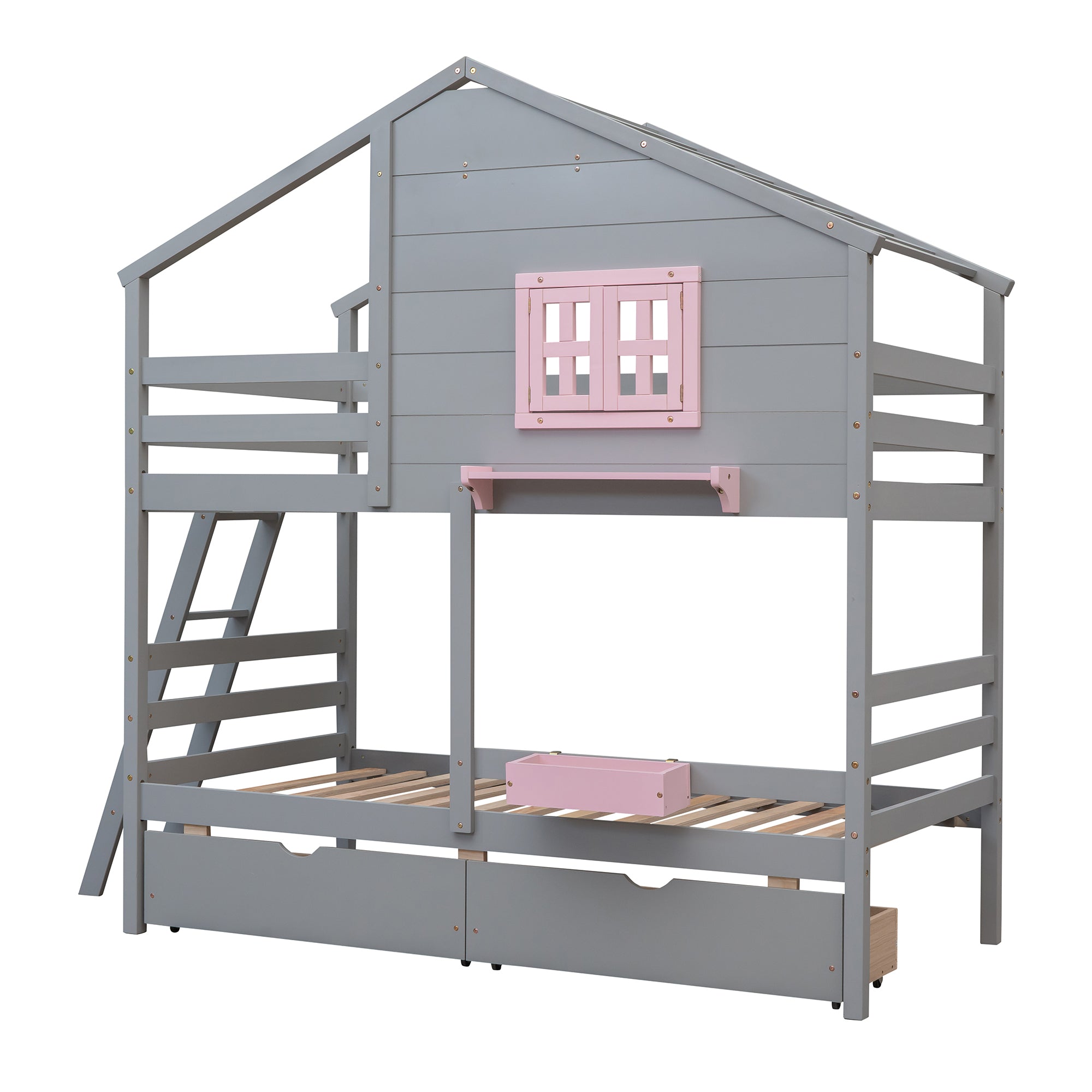 Twin over Twin Bunk Bed with 2 Drawers, 1 Storage Box, 1 Shelf, Window and Roof-Gray