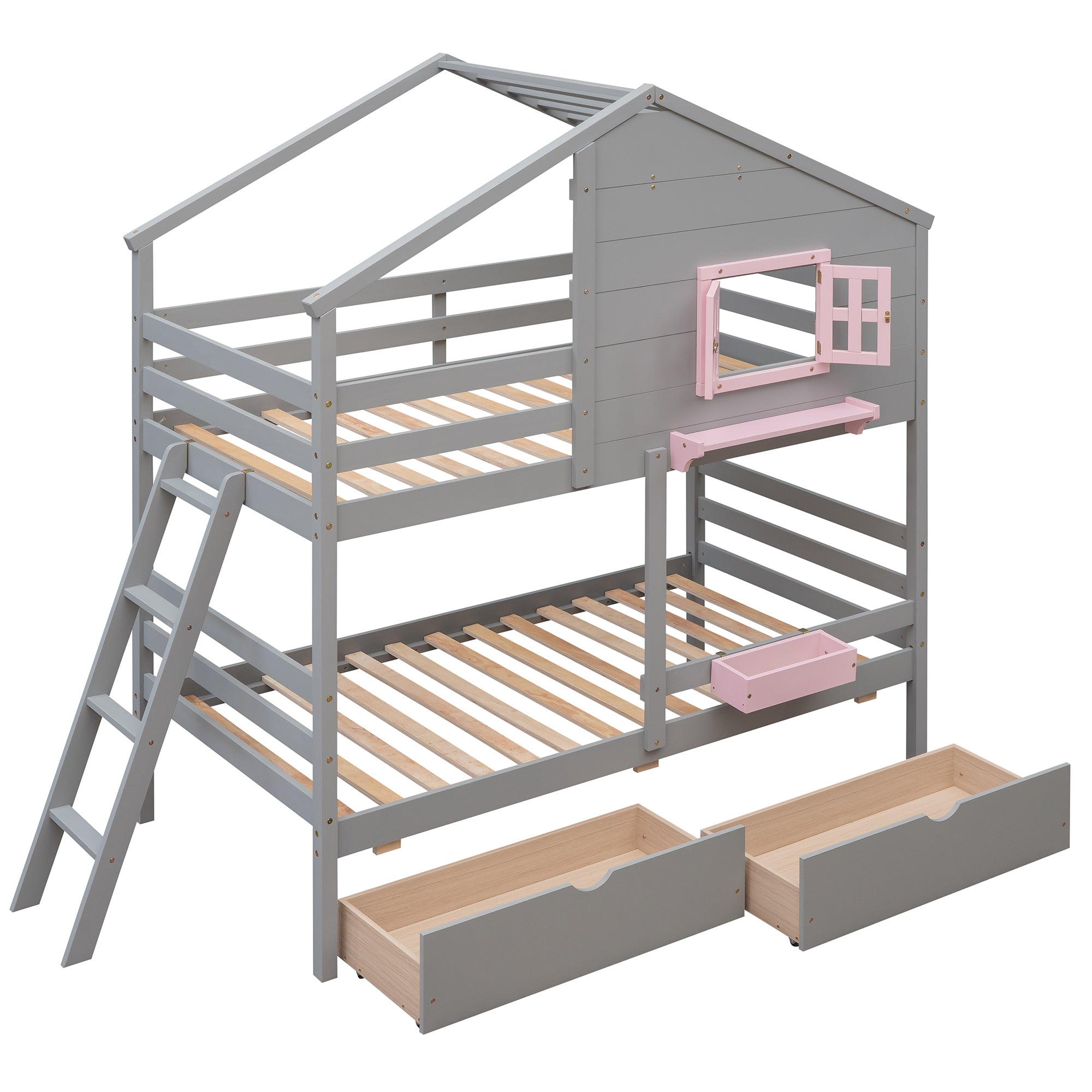 Twin over Twin Bunk Bed with 2 Drawers, 1 Storage Box, 1 Shelf, Window and Roof-Gray