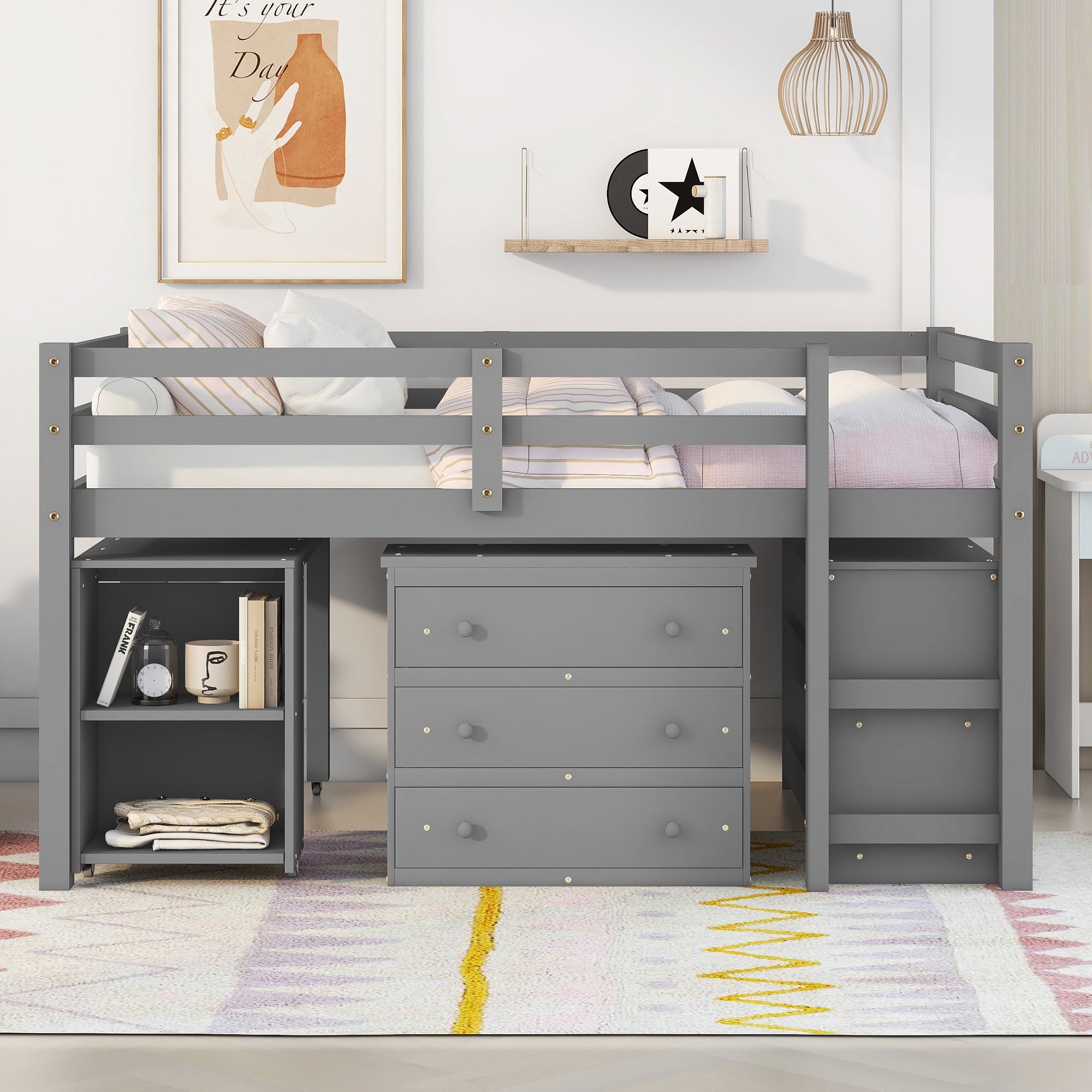 Low Study Full Loft Bed with Cabinet ,Shelves and Rolling Portable Desk ,Multiple Functions Bed- Gray