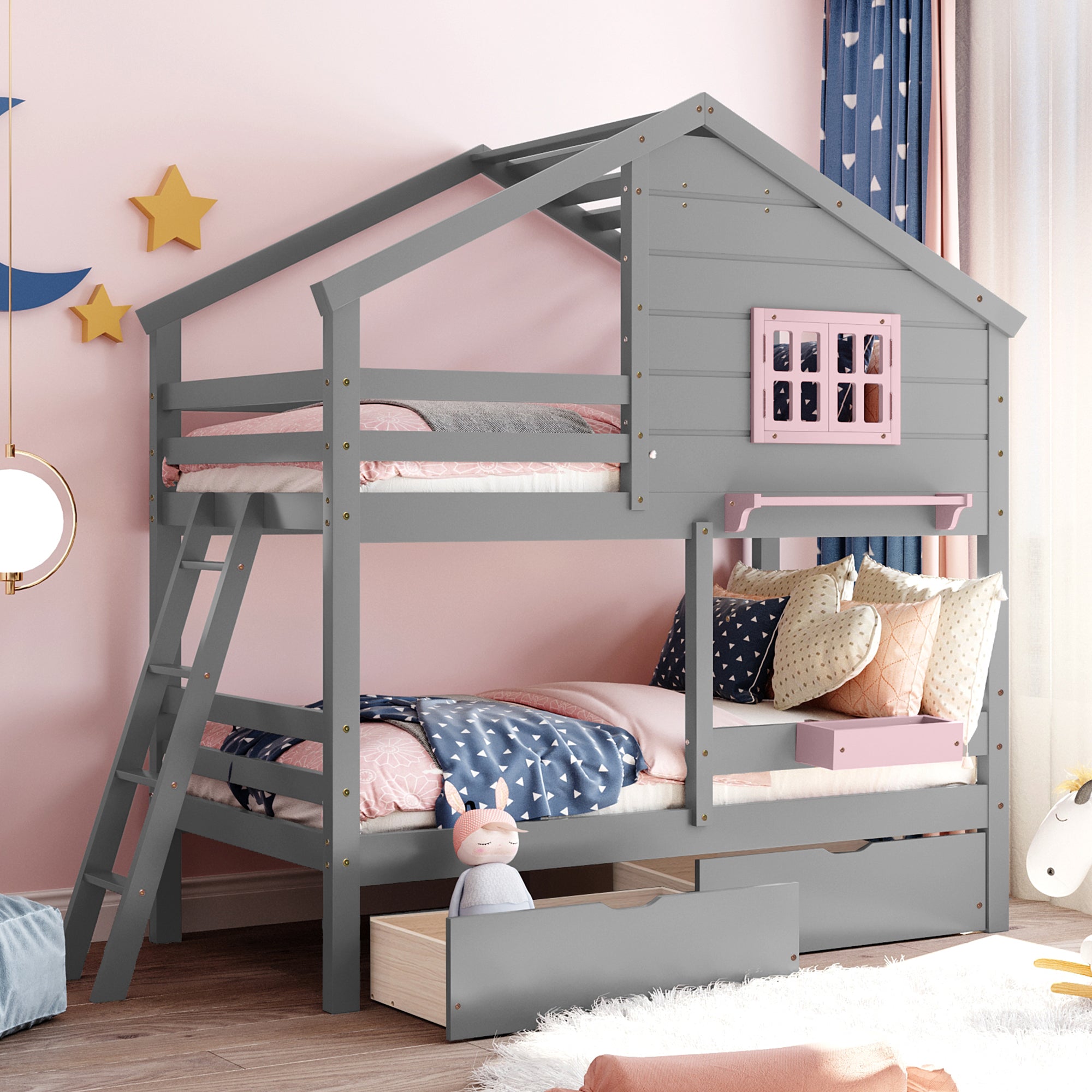 Twin over Twin Bunk Bed with 2 Drawers, 1 Storage Box, 1 Shelf, Window and Roof-Gray