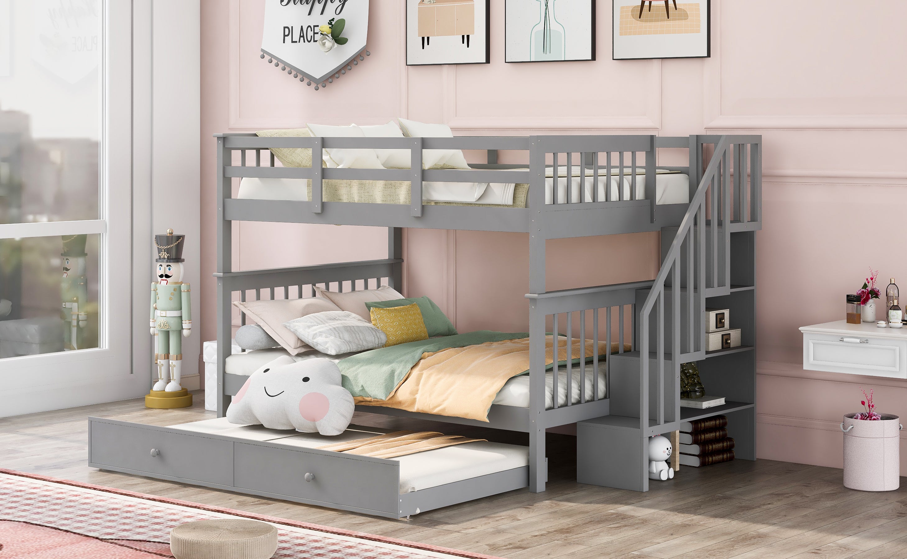 Stairway Full-Over-Full Bunk Bed with Twin size Trundle, Storage and Guard Rail for Bedroom, Dorm - Gray