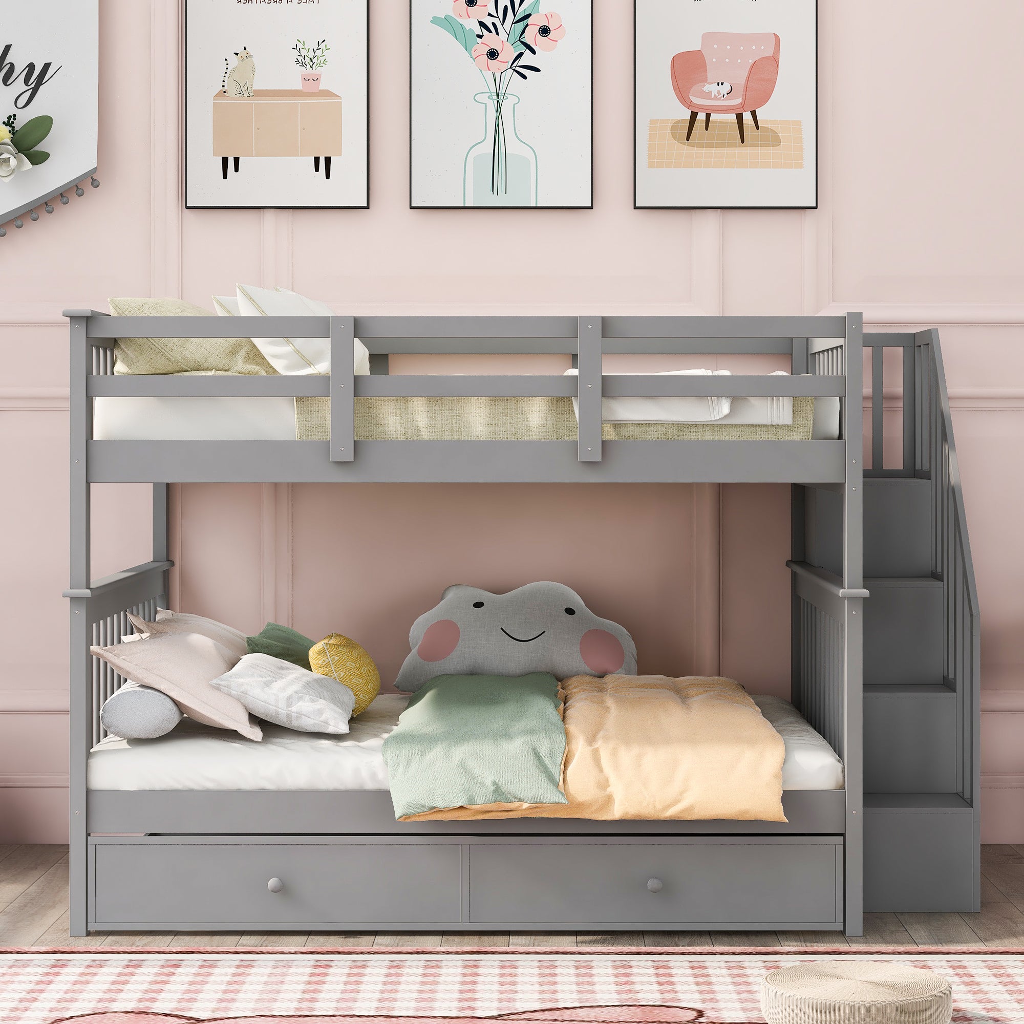 Stairway Full-Over-Full Bunk Bed with Twin size Trundle, Storage and Guard Rail for Bedroom, Dorm - Gray