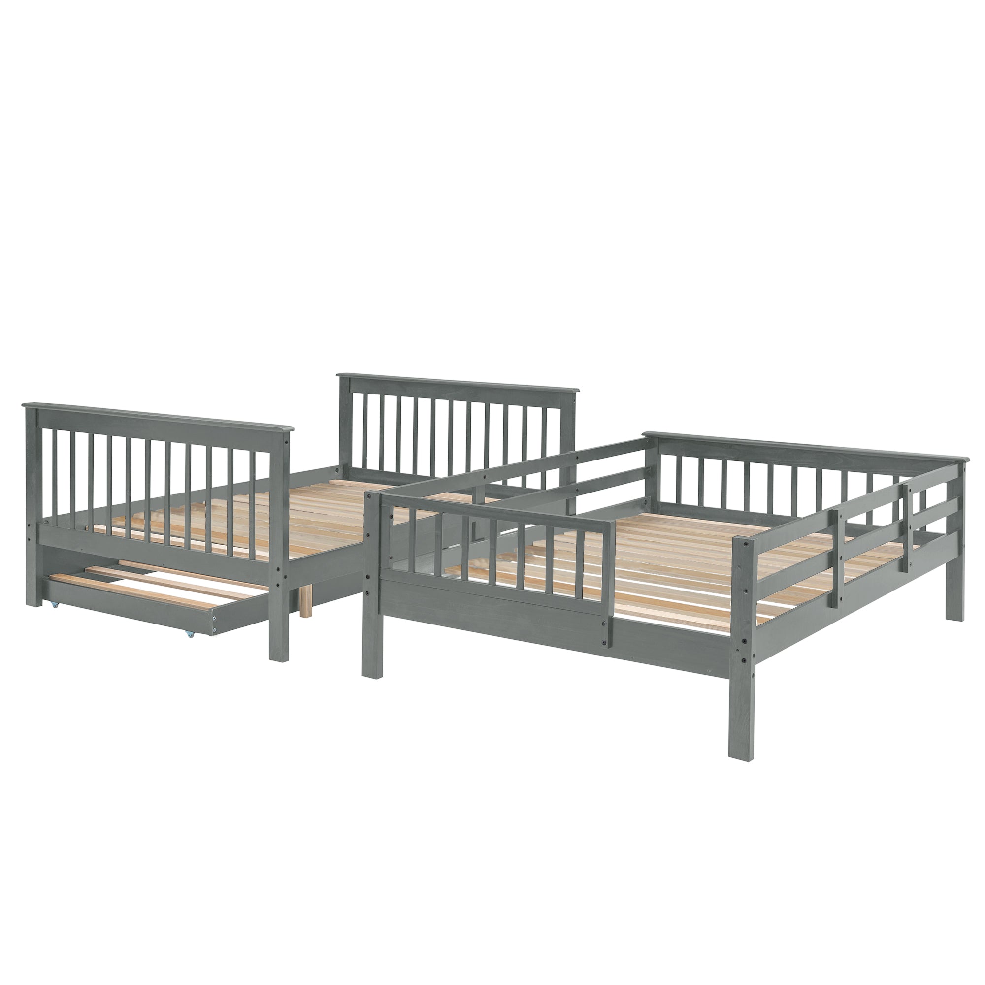 Stairway Full-Over-Full Bunk Bed with Twin size Trundle, Storage and Guard Rail for Bedroom, Dorm - Gray