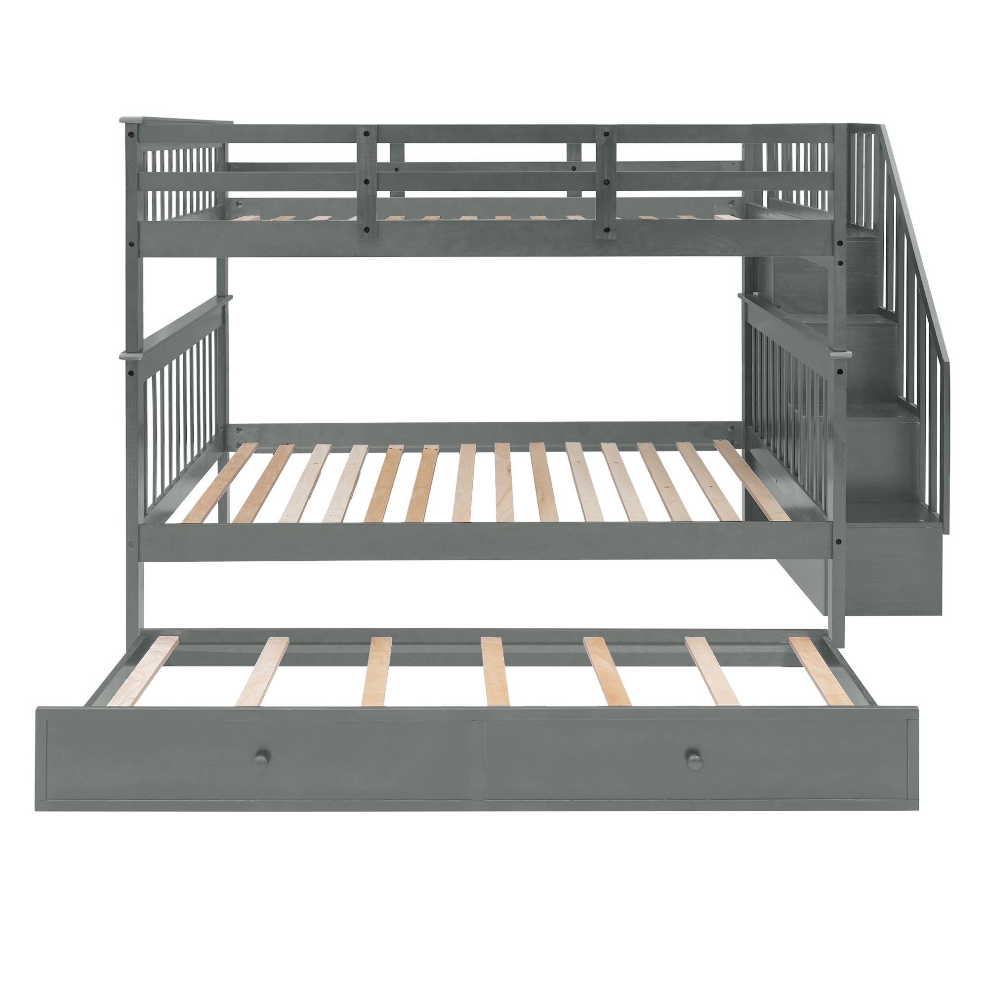 Stairway Full-Over-Full Bunk Bed with Twin size Trundle, Storage and Guard Rail for Bedroom, Dorm - Gray