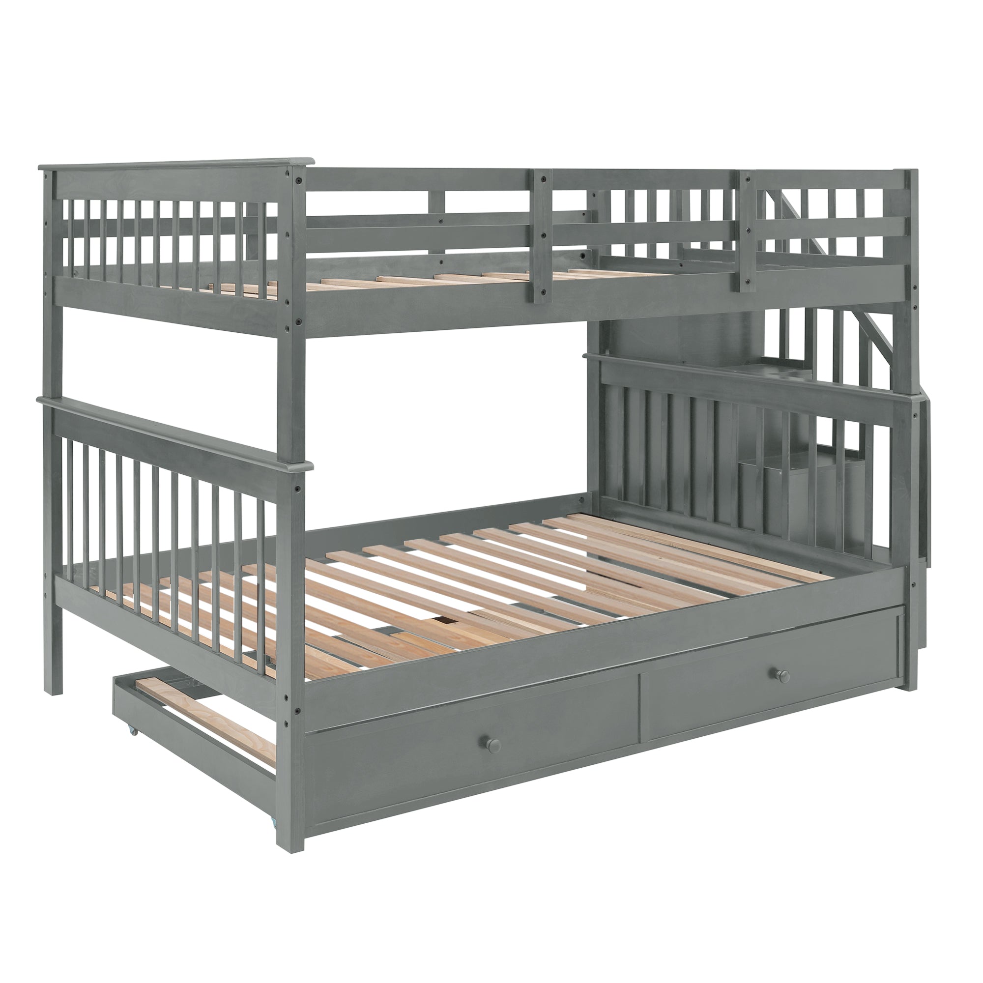 Stairway Full-Over-Full Bunk Bed with Twin size Trundle, Storage and Guard Rail for Bedroom, Dorm - Gray