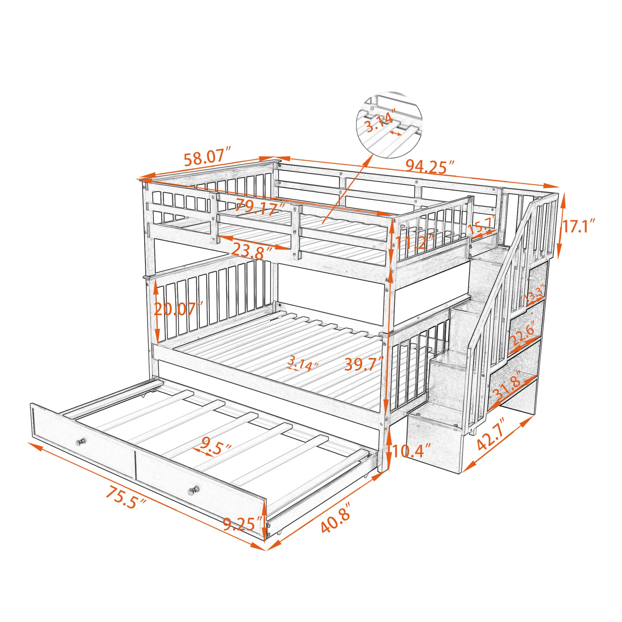 Stairway Full-Over-Full Bunk Bed with Twin size Trundle, Storage and Guard Rail for Bedroom, Dorm - Gray