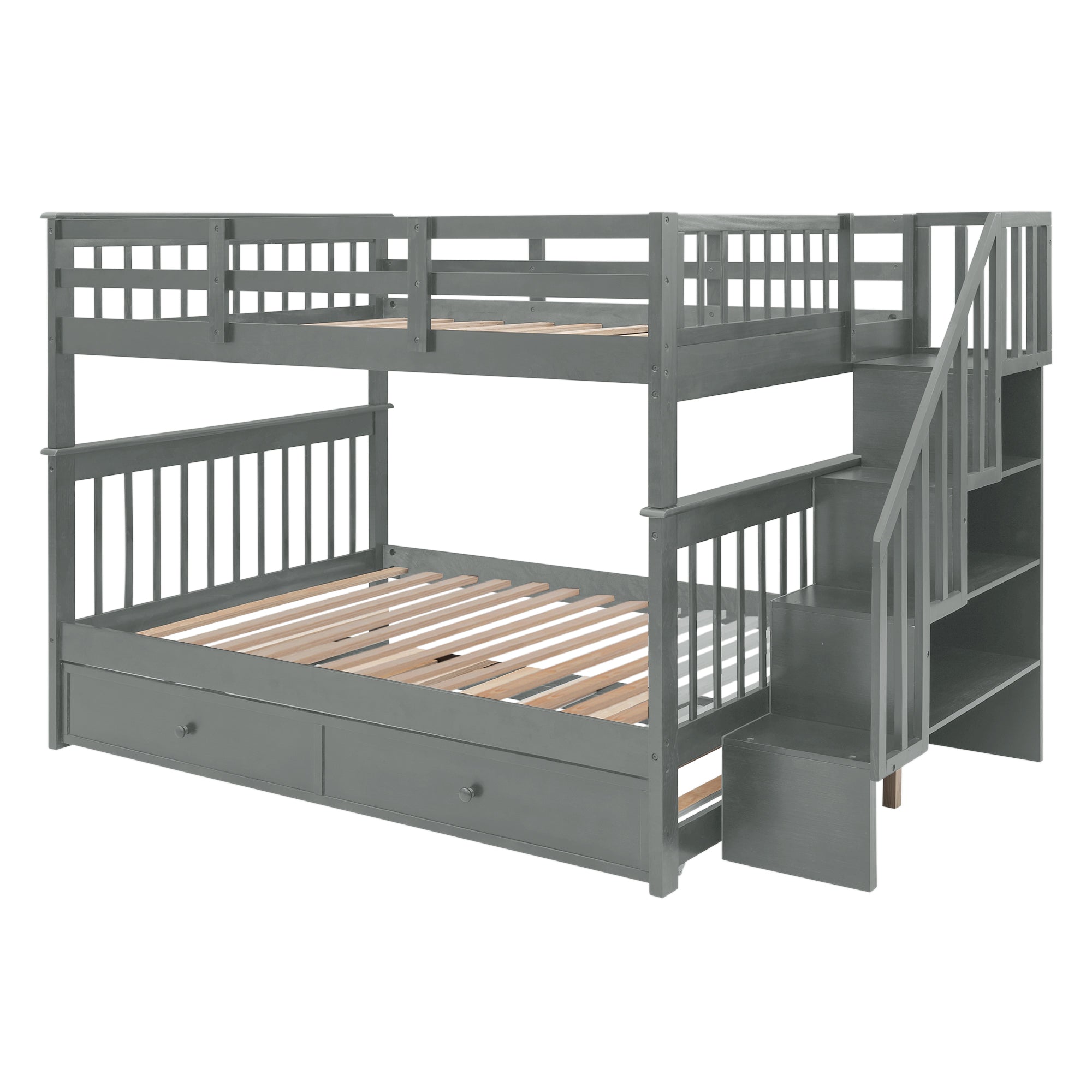 Stairway Full-Over-Full Bunk Bed with Twin size Trundle, Storage and Guard Rail for Bedroom, Dorm - Gray