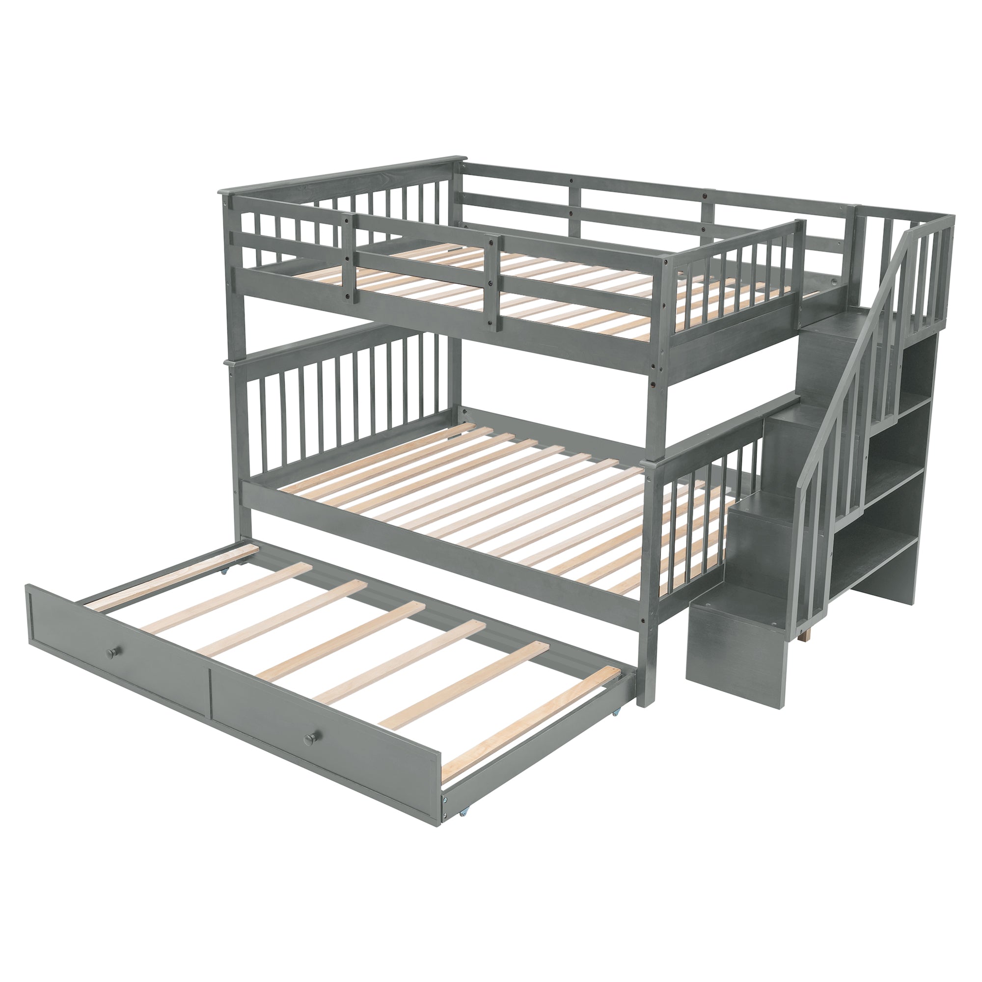 Stairway Full-Over-Full Bunk Bed with Twin size Trundle, Storage and Guard Rail for Bedroom, Dorm - Gray