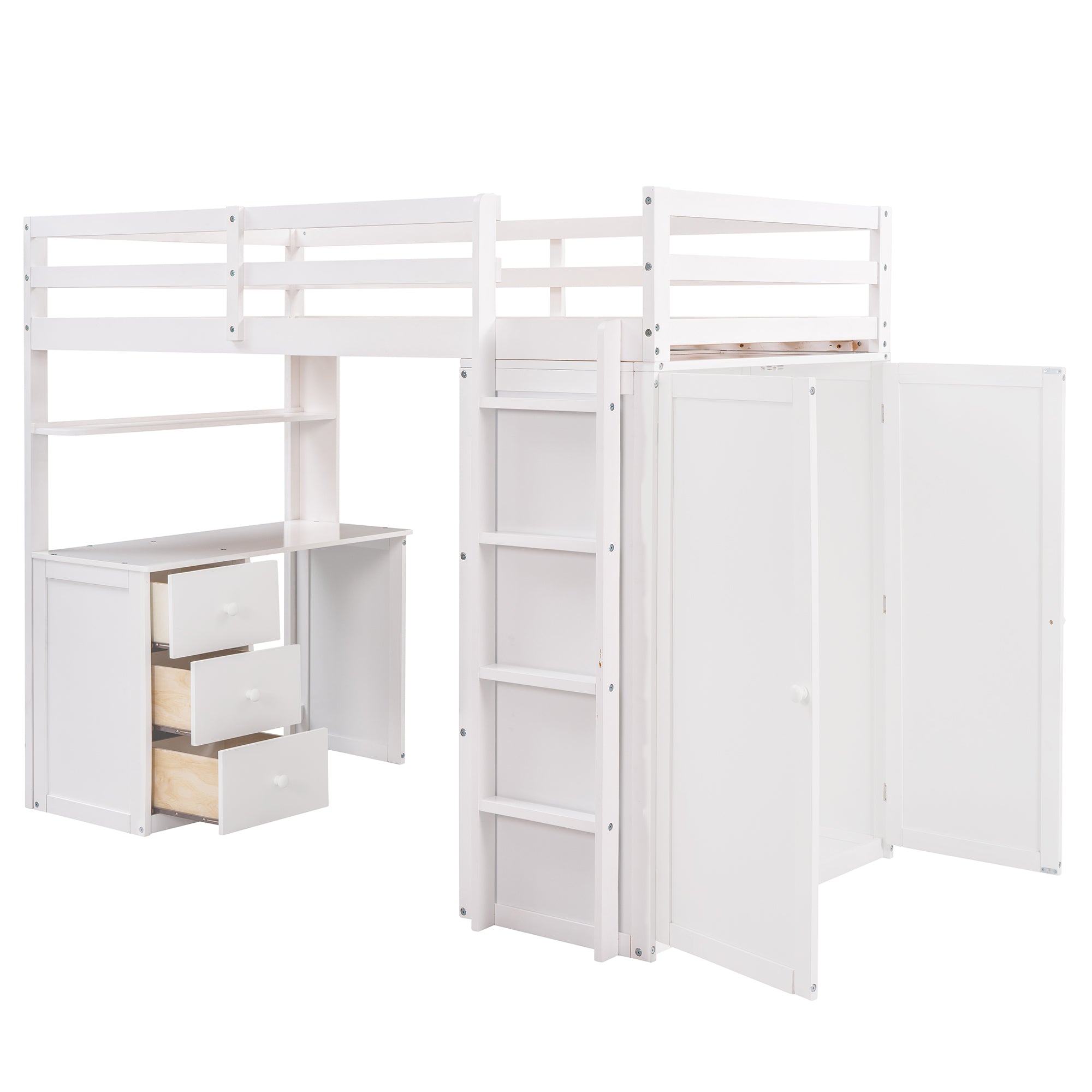 Twin size Loft Bed with Drawers,Desk,and Wardrobe-White