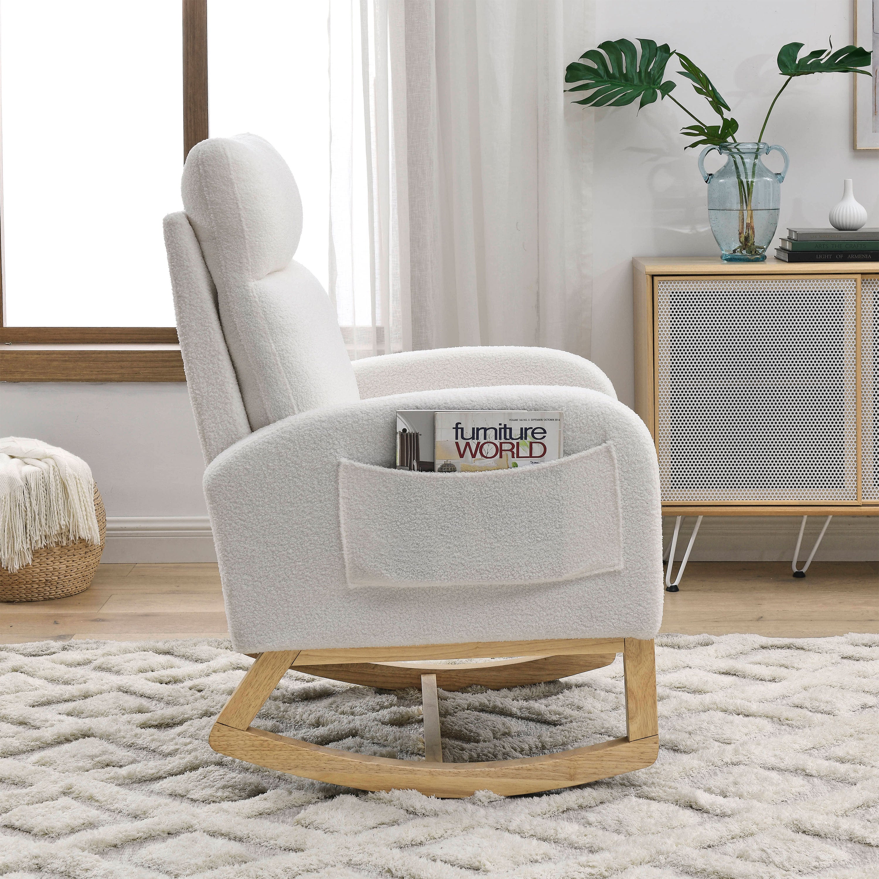 27.6"W Modern Accent High Backrest Living Room Lounge Arm Rocking Chair, Two Side Pocket ,Teddy White (Ivory)