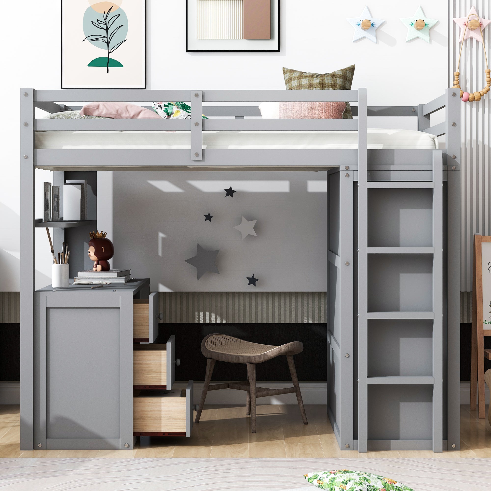 Twin size Loft Bed with Drawers,Desk,and Wardrobe-Gray