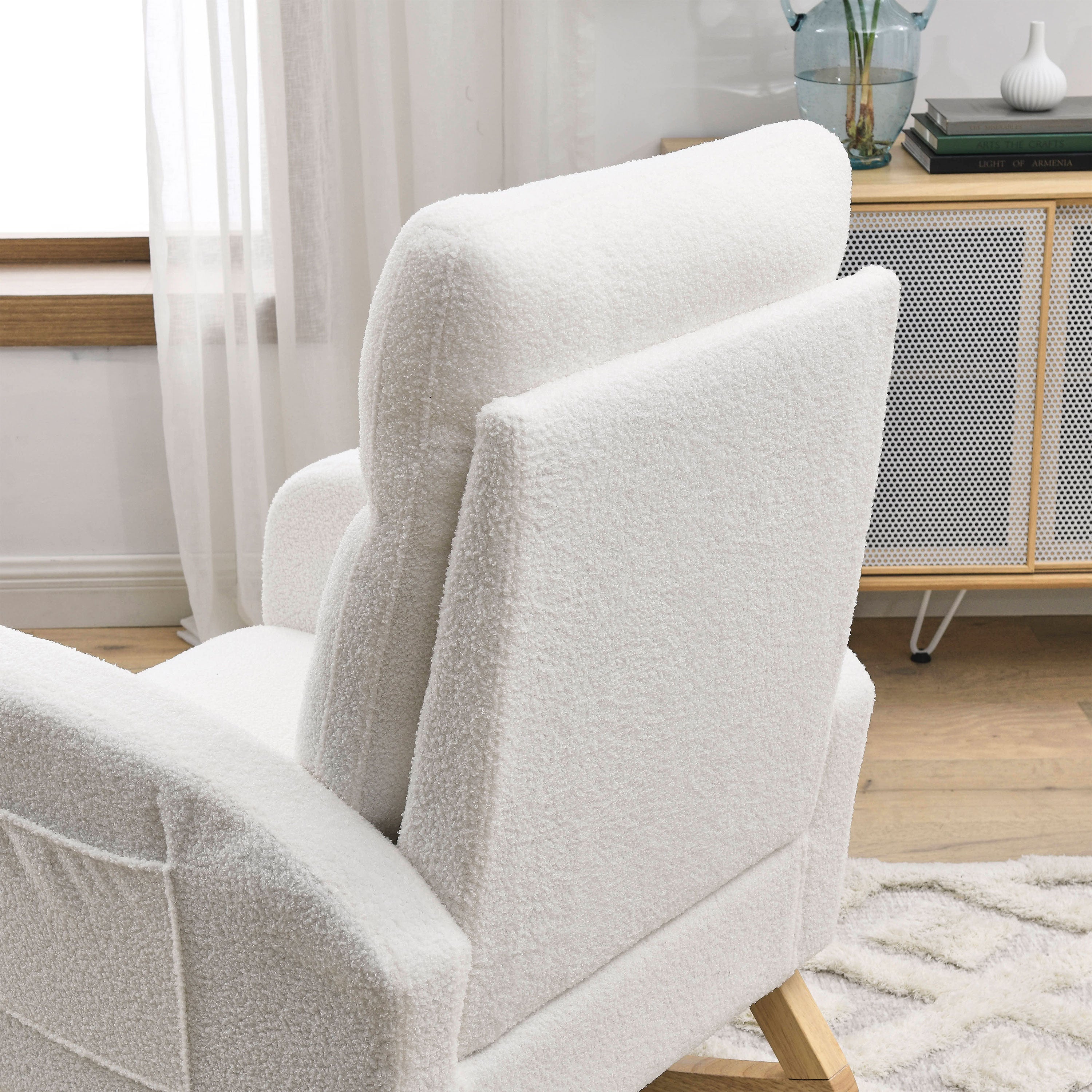 27.6"W Modern Accent High Backrest Living Room Lounge Arm Rocking Chair, Two Side Pocket ,Teddy White (Ivory)