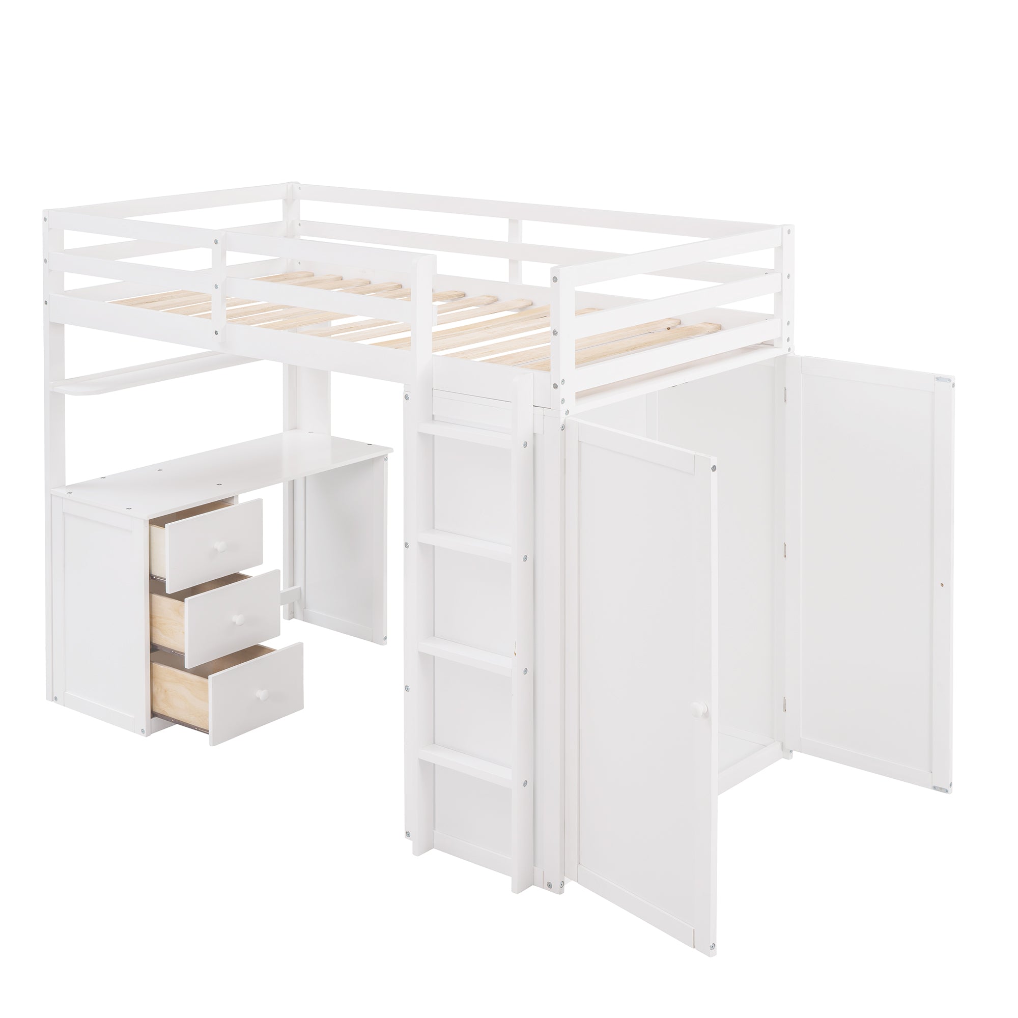 Twin size Loft Bed with Drawers,Desk,and Wardrobe-White